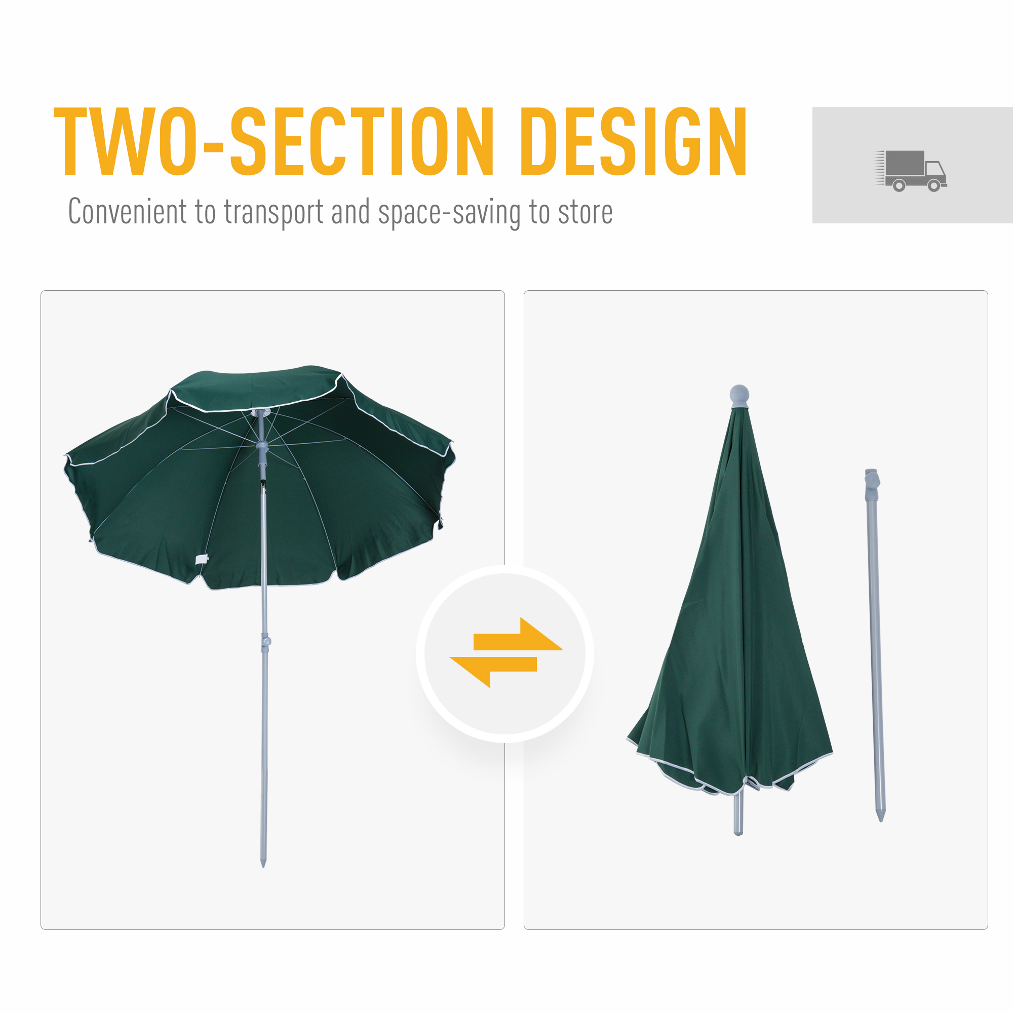 Outsunny 2.2m Beach Umbrella, Portable Parasol with Tilting Function, Outdoor Sunshade Shelter with 8 Ribs, Green 5