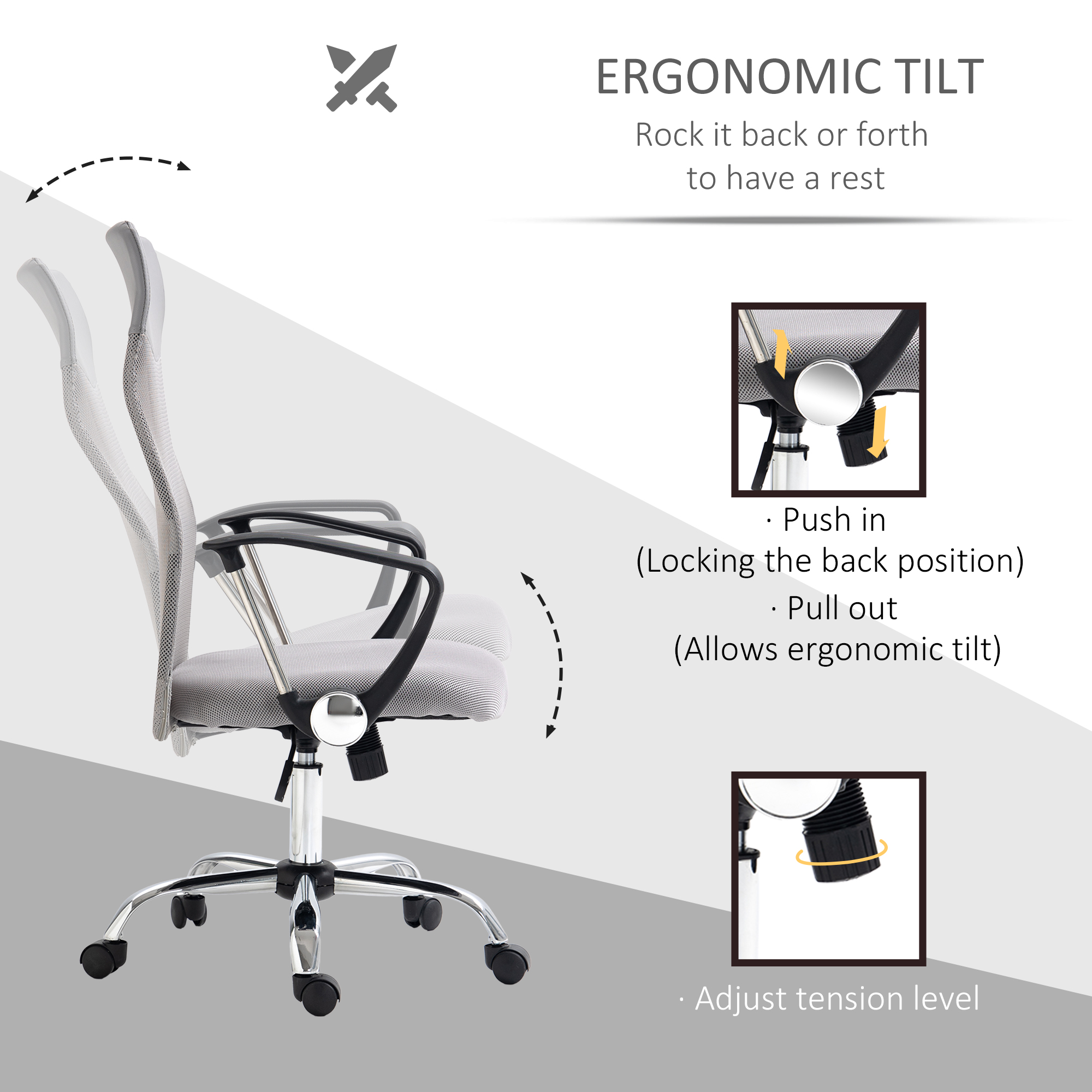 Vinsetto Ergonomic Office Chair Mesh Chair with Adjustable Height Tilt Function Light Grey 6
