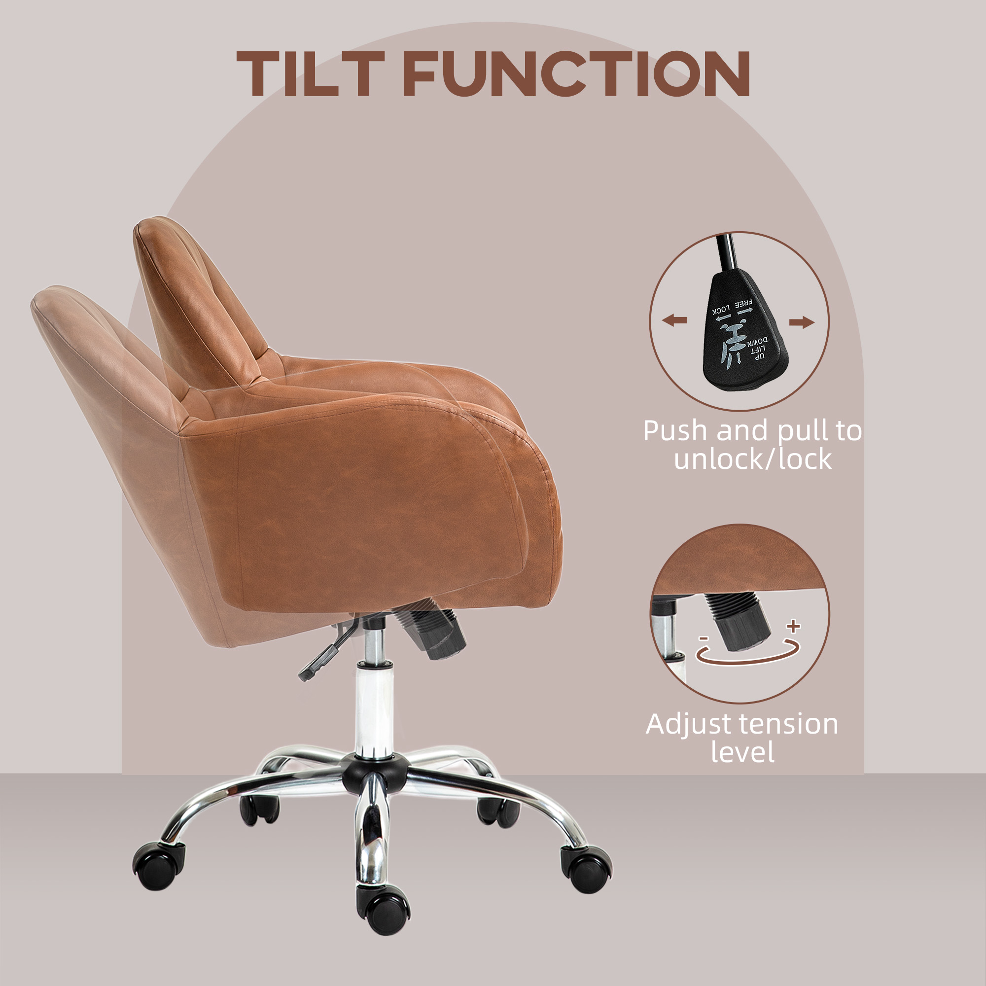 HOMCOM Faux Leather Tub Office Chair, with Wheels Brown 5