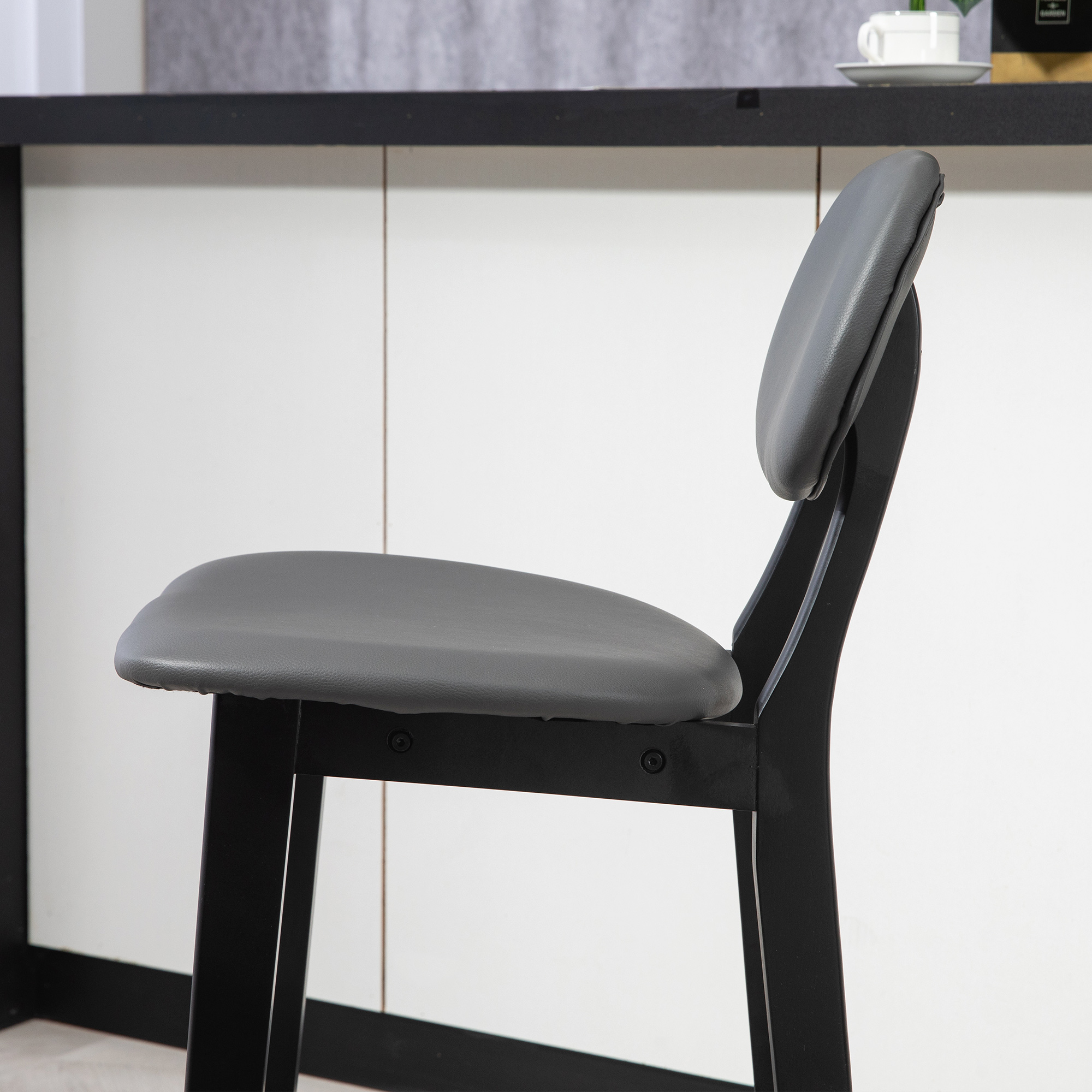 HOMCOM Bar Stools Set of 2, Breakfast Bar Chairs, PU Leather Upholstered Kitchen Stools with Backs, Footrests and Solid Wood Legs, Dark Grey 8