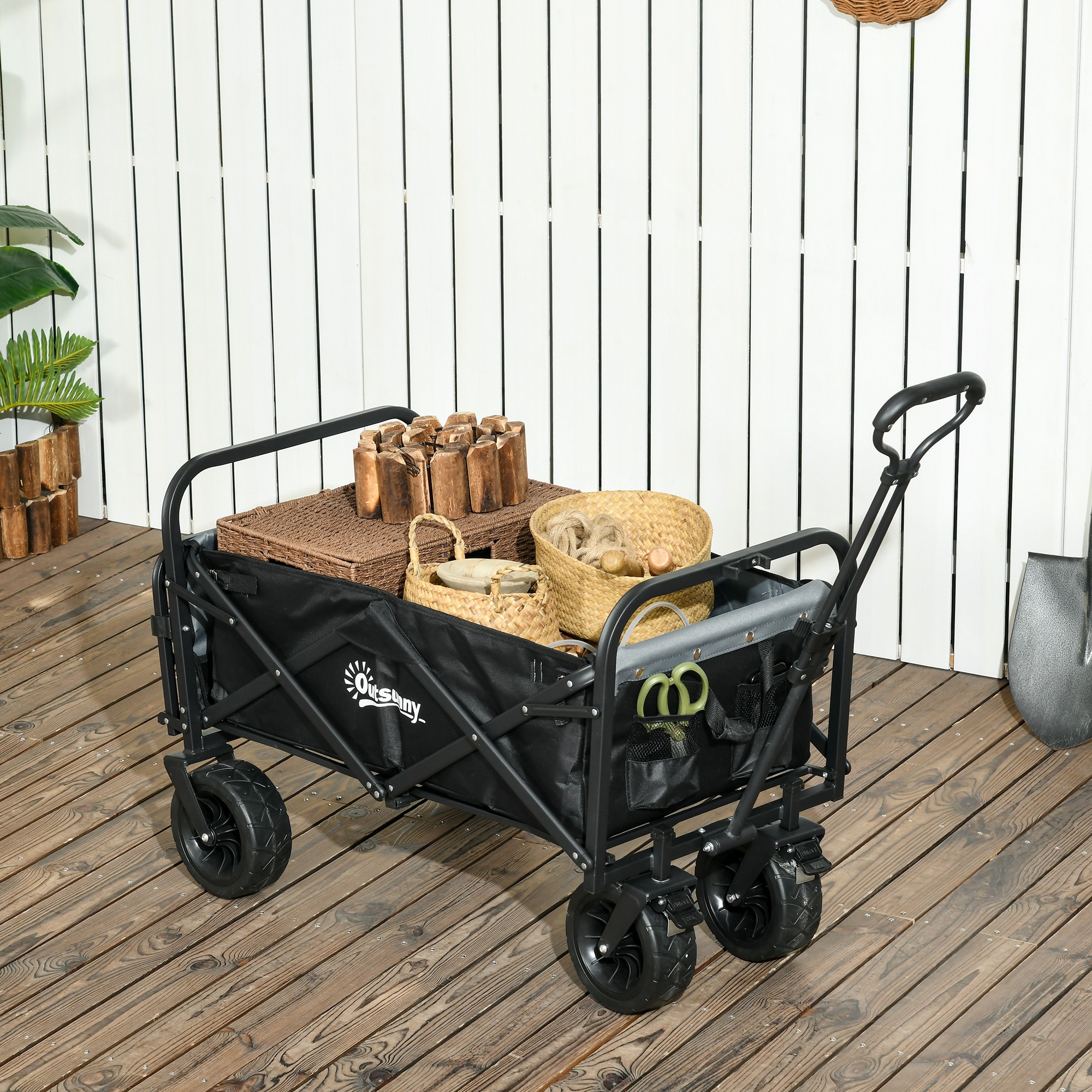 Outsunny Chariot De Camping Pliable à Roulettes 90L - Poignée Réglable, Portable Pour Extérieur Jardin Shopping Pêche, Noir