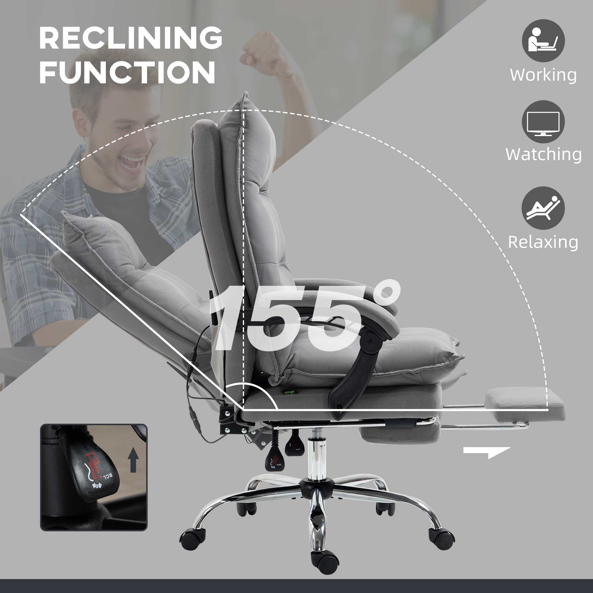 Vinsetto Massage Office Chair with Footrest, Desk Chair with 6 Point Massage and Heat, 155° Reclining Back for Home, Thick Padding, Grey 7