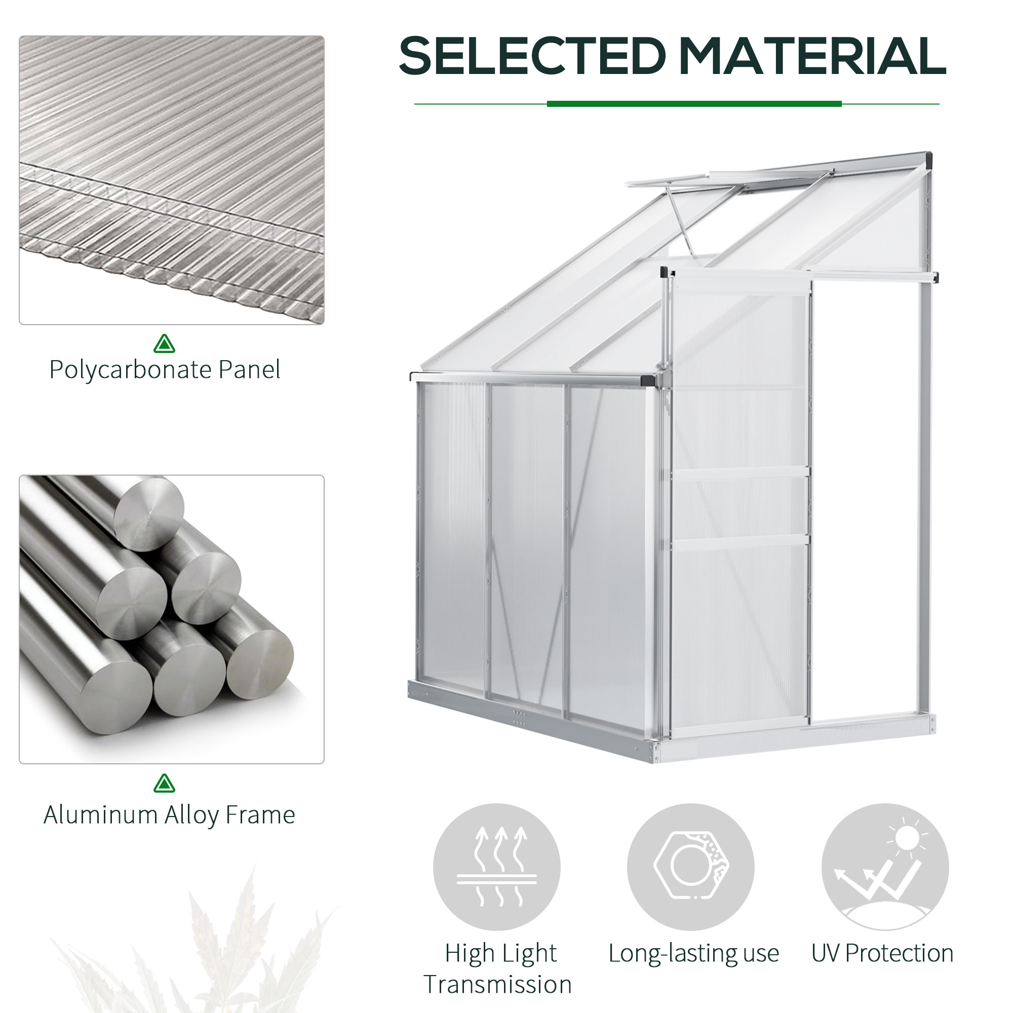 Outsunny 6 x 4ft Lean to Wall Polycarbonate Greenhouse Aluminium Walk-in Garden Greenhouse with Adjustable Roof Vent, Rain Gutter and Sliding Door, Clear 4
