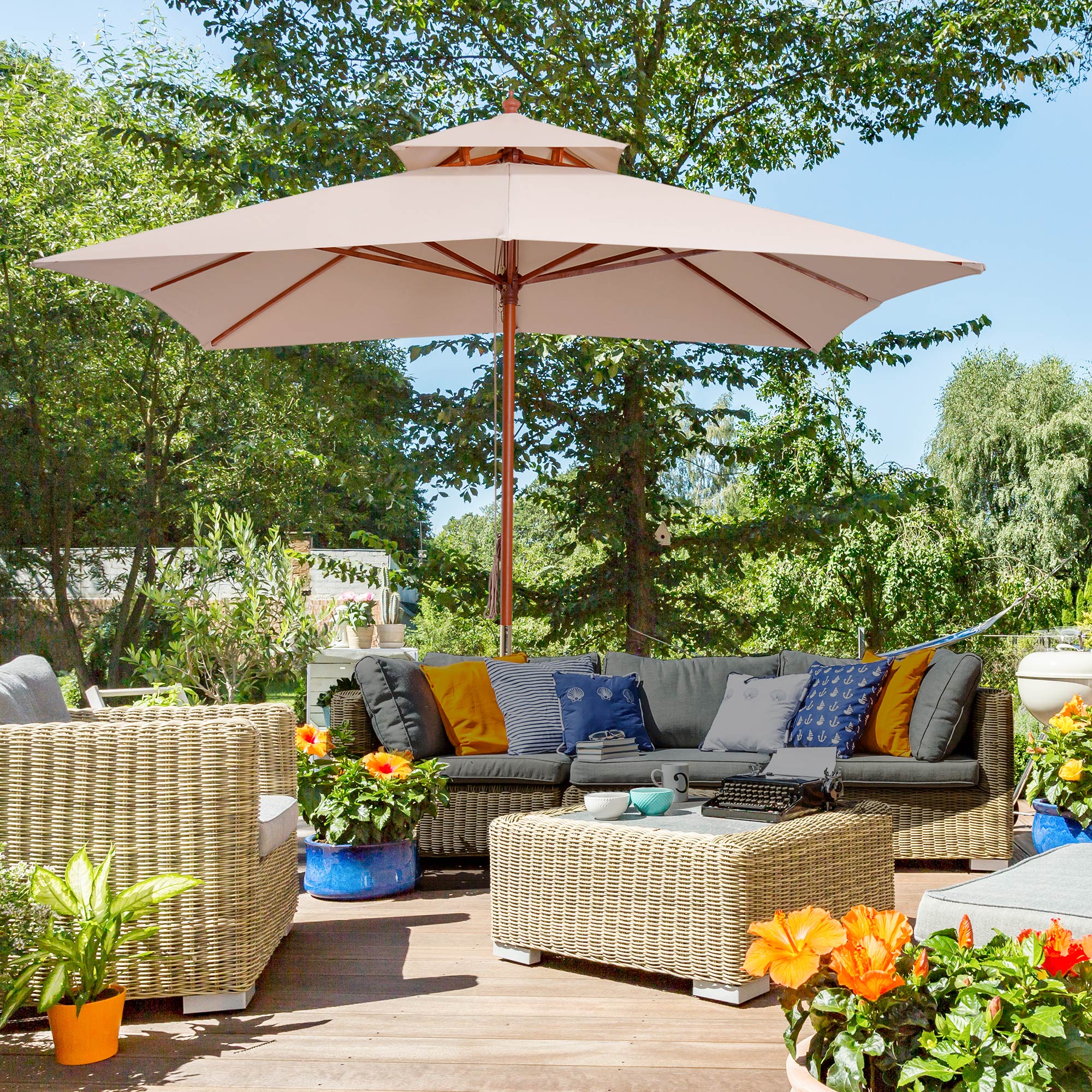 Outsunny 3 x 3 metre Patio Parasol Garden Umbrellas Sunshade Outdoor Wooden Parasol Canopy Double Tier, Beige, BASE NOT INCLUDED 2