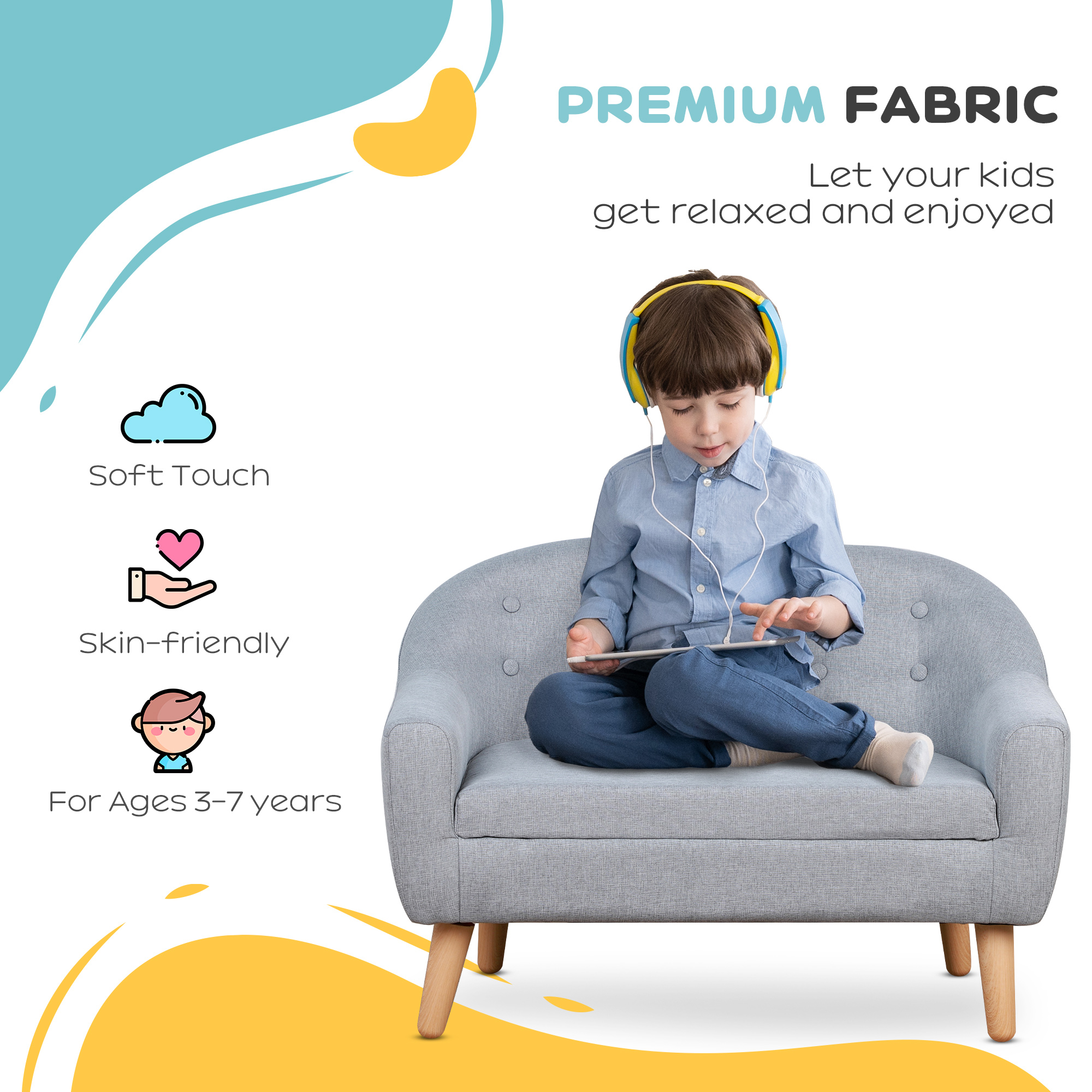 HOMCOM Children's Armchairs Kids Armchair Toddler Chair 2 Seater Wood Frame Mini Sofa for Bedroom Playroom Grey 5
