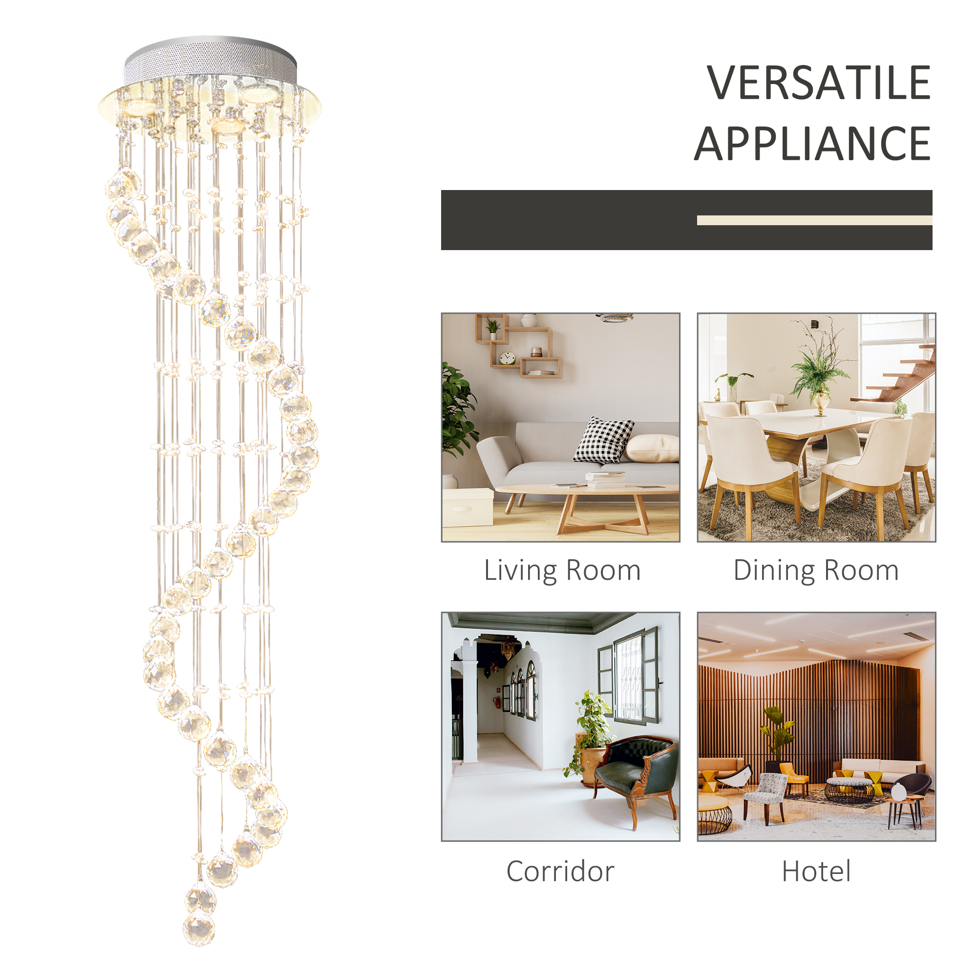 HOMCOM Modern Crystal Chandelier Ceiling Light Pendant Lamp Chrome Finish Glass Droplets New, Ф30 x 120cm 7