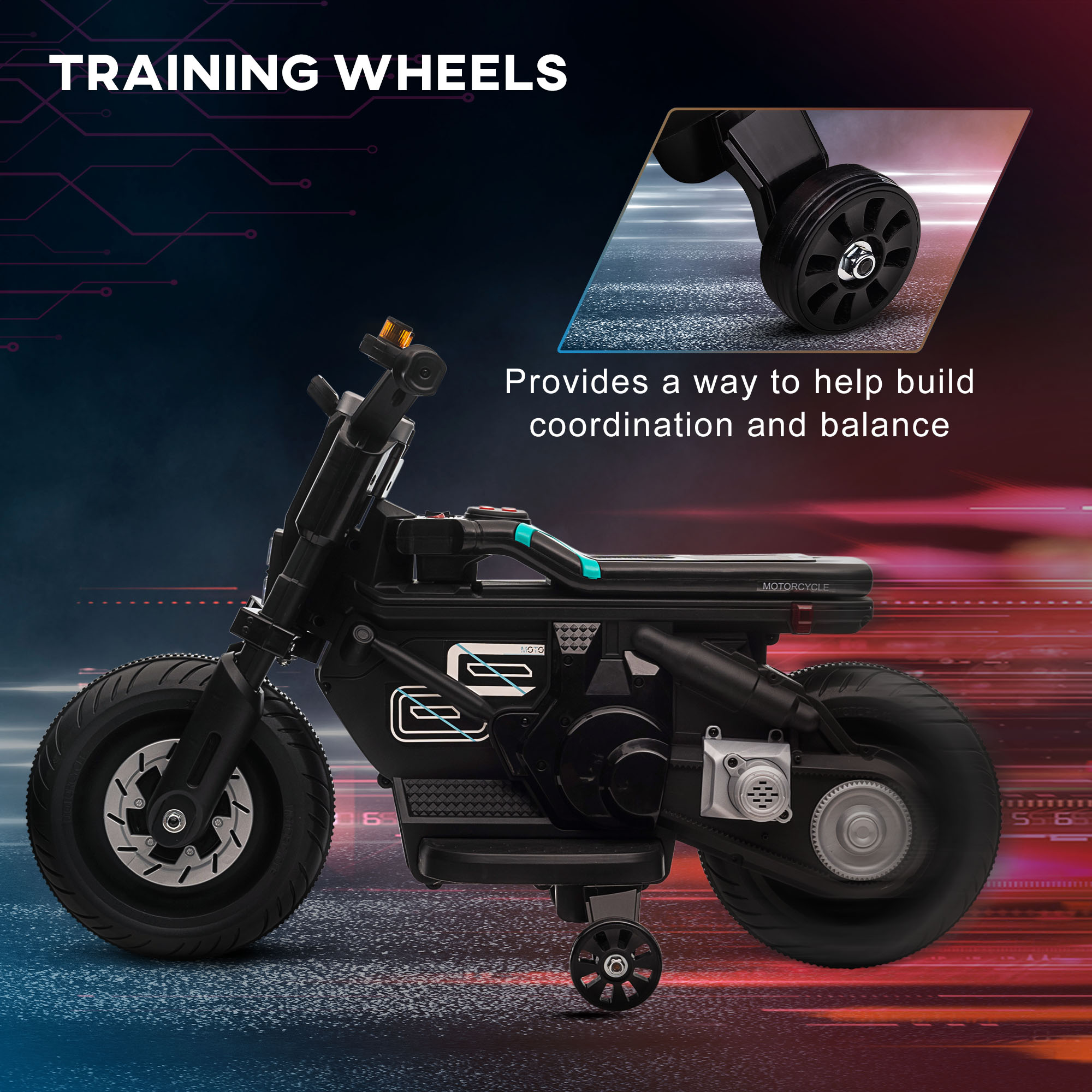 HOMCOM Kids Electric Motorbike with Siren, Horn, Headlights, Music, Training Wheels, for Ages 3-5 Years Black 5