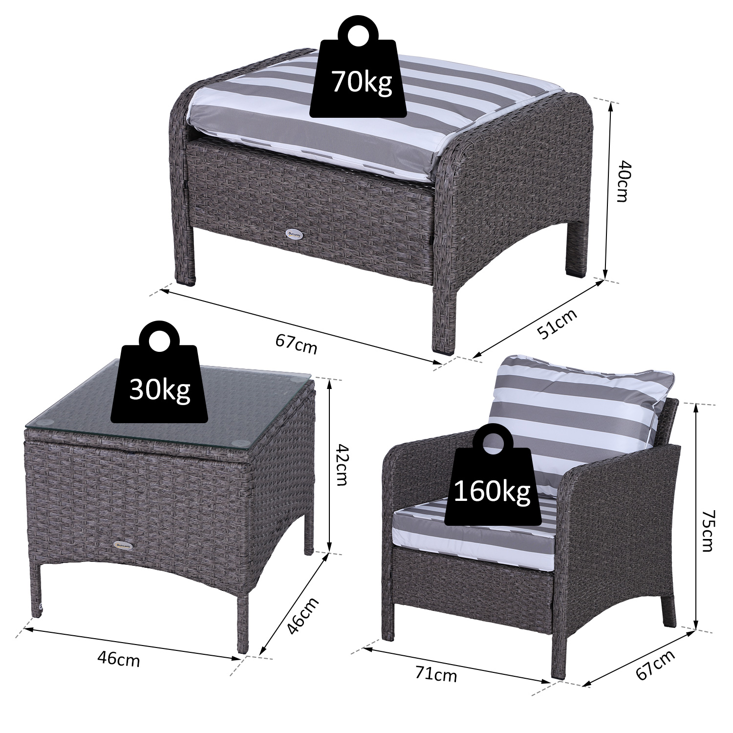 Outsunny 5 Pieces PE Rattan Garden Furniture Set with 10cm Thick Padded Cushions, Wicker Weave Outdoor Seating Chairs with 2 Armchairs, 2 Stools, Glass Top Table, Dark Grey 3