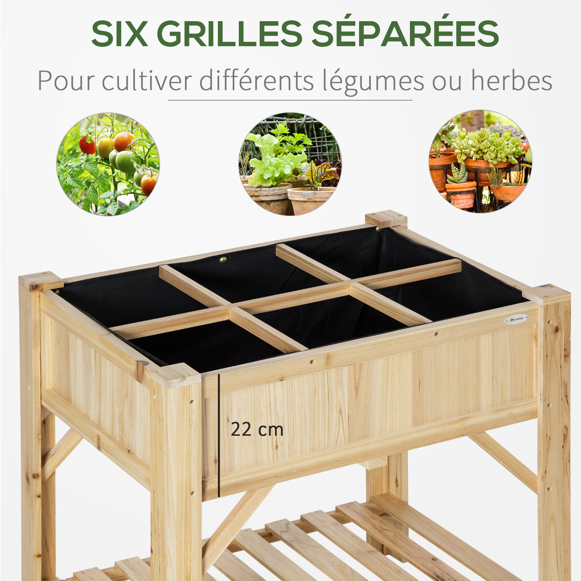 Outsunny Jardinière Sur Pieds Bois Sapin 78x58x81 Cm - Carré Potager 6 Compartiments + Étagère, Feutre Drainage Inclus