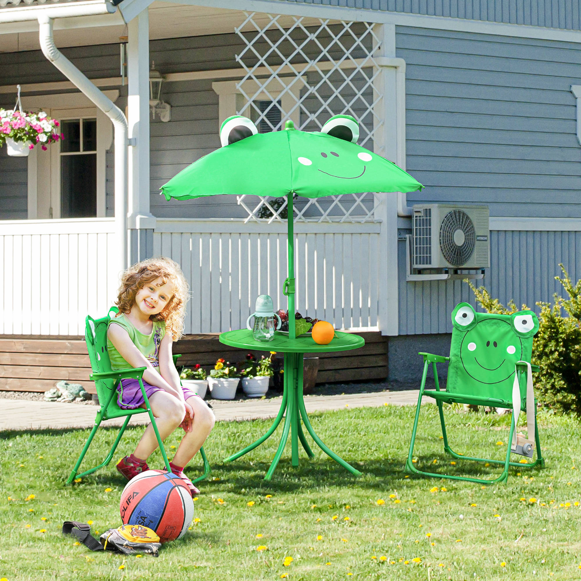 Outsunny Kids Folding Picnic Table Chair Set w/ Parasol, Green 2