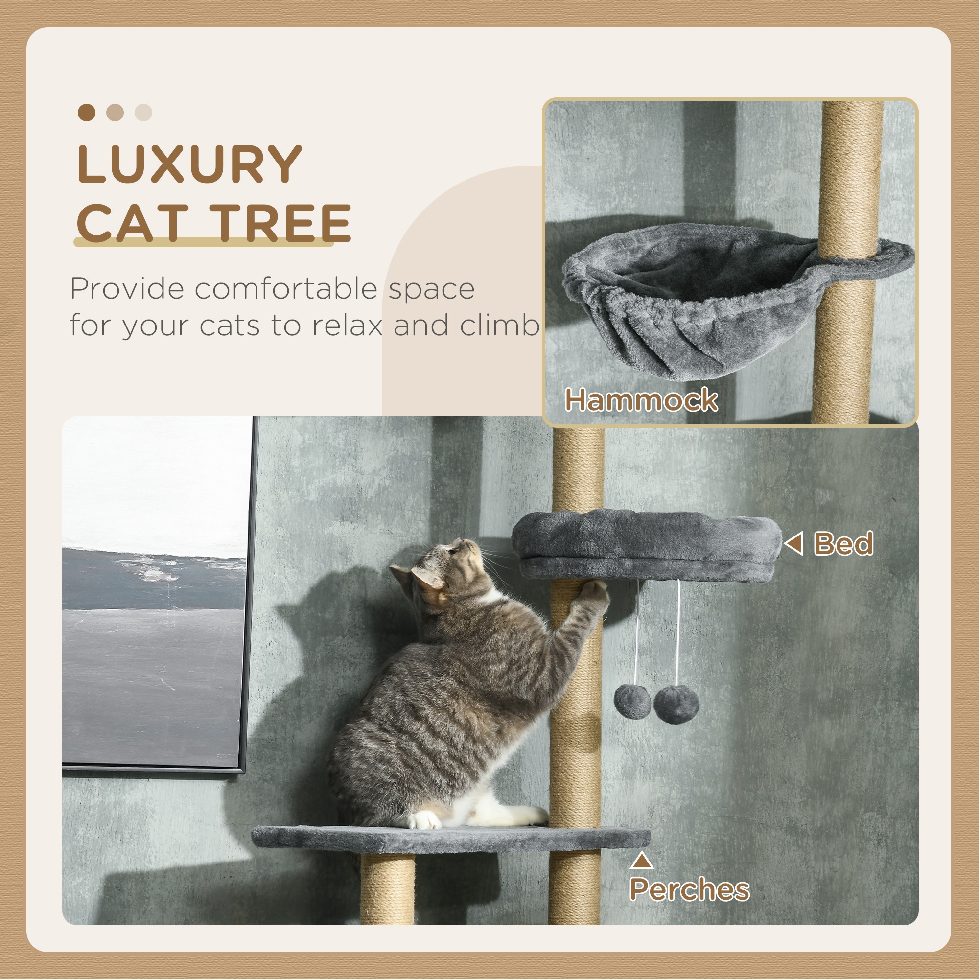 PawHut 230-250cm Floor-to-Ceiling Climbing Cat Tree Tower Grey 4