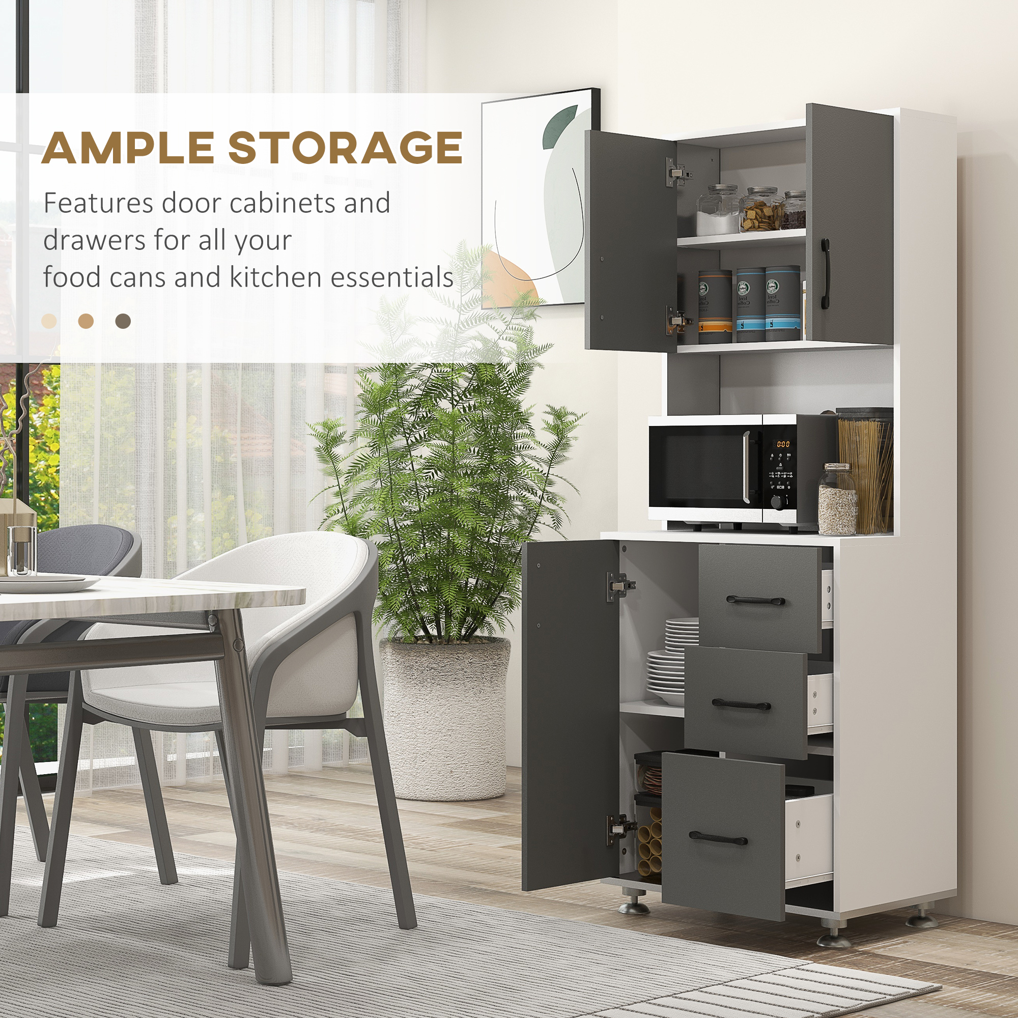 HOMCOM Modern Kitchen Cupboard with Storage Cabinets, 3 Drawers and Open Countertop for Living Room, Grey 4