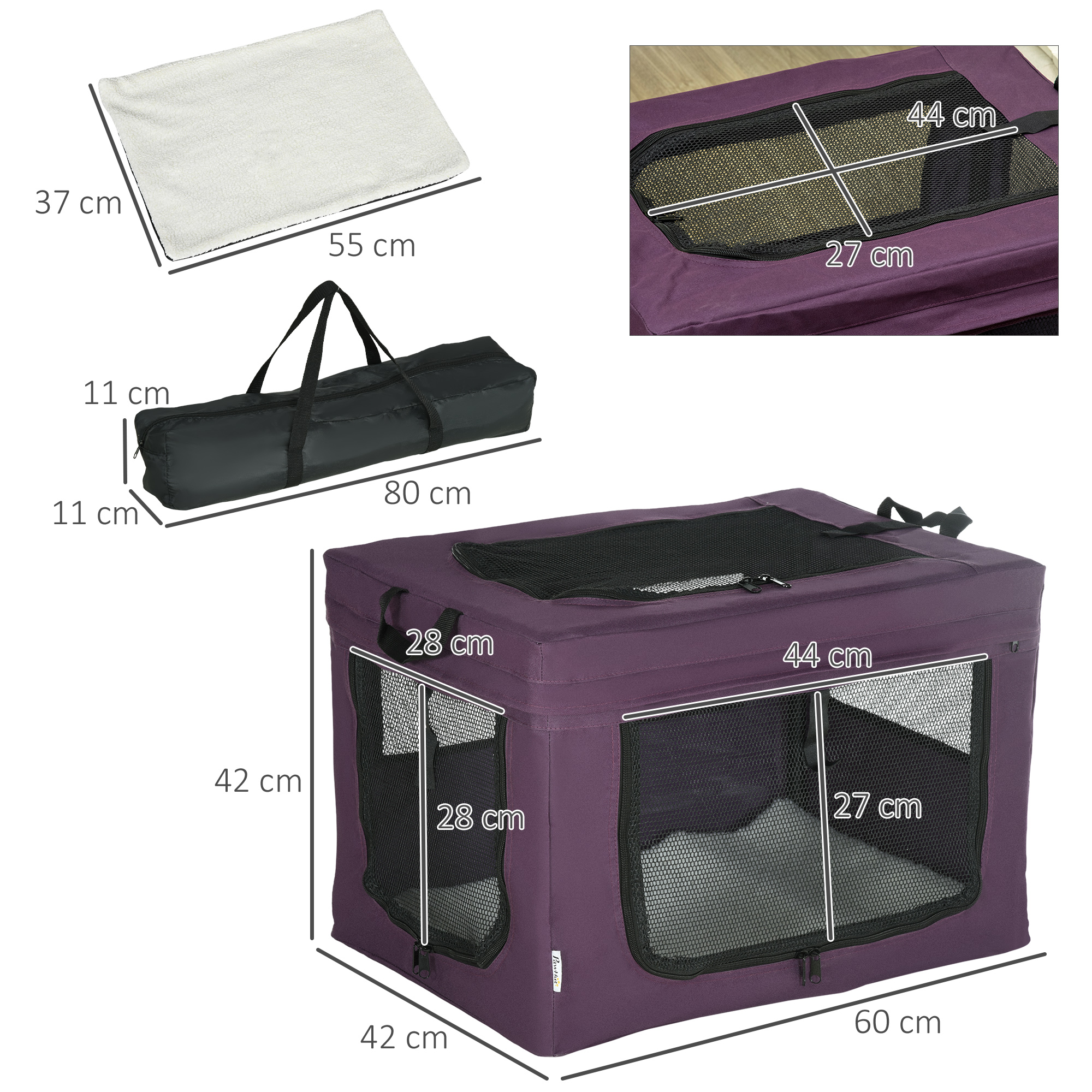 PawHut 60cm Pet Carrier, with Cushion, for Miniature Dogs Purple 3