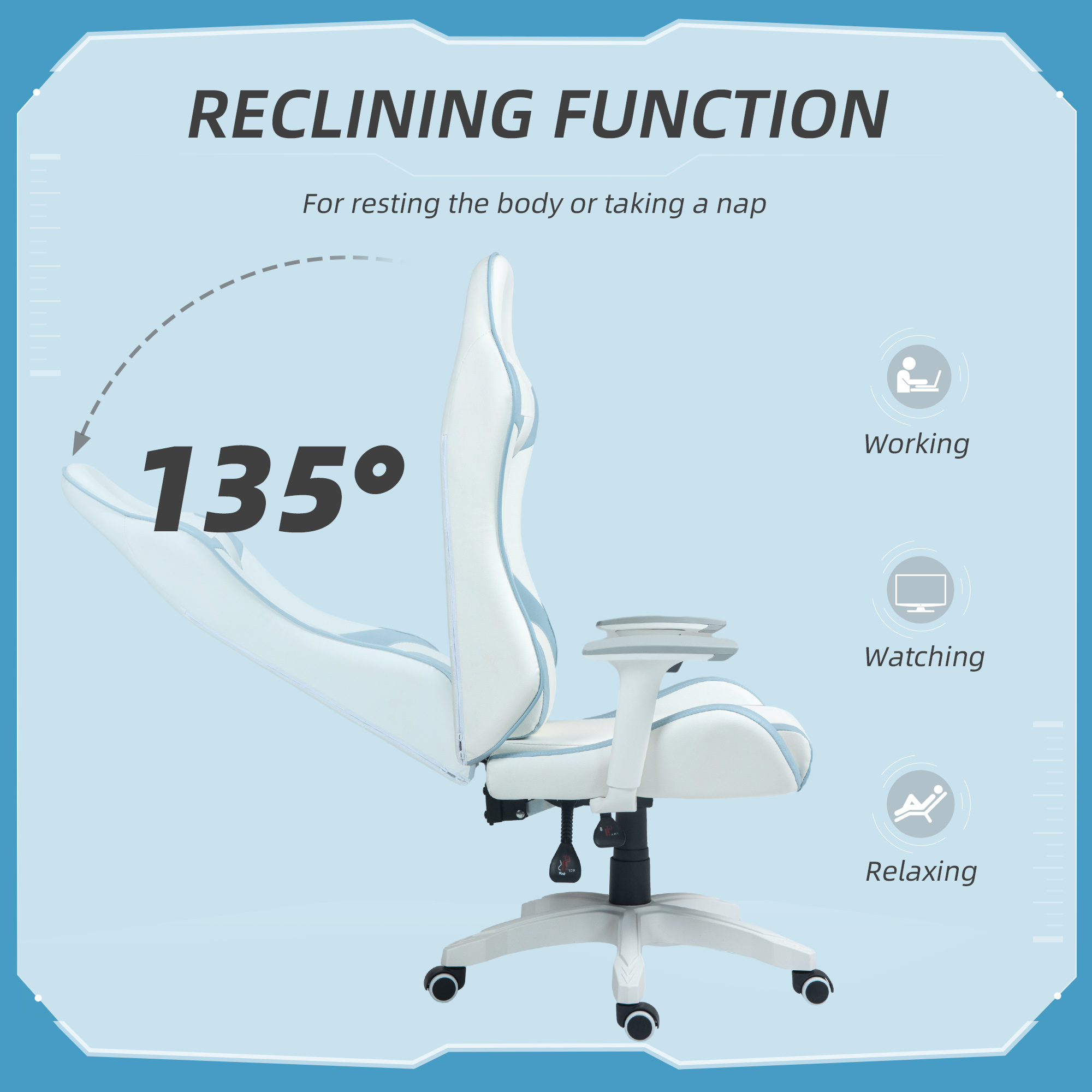 HOMCOM Faux Leather Colour Block Gaming Chair, with 135° Reclining Back Blue/White 5