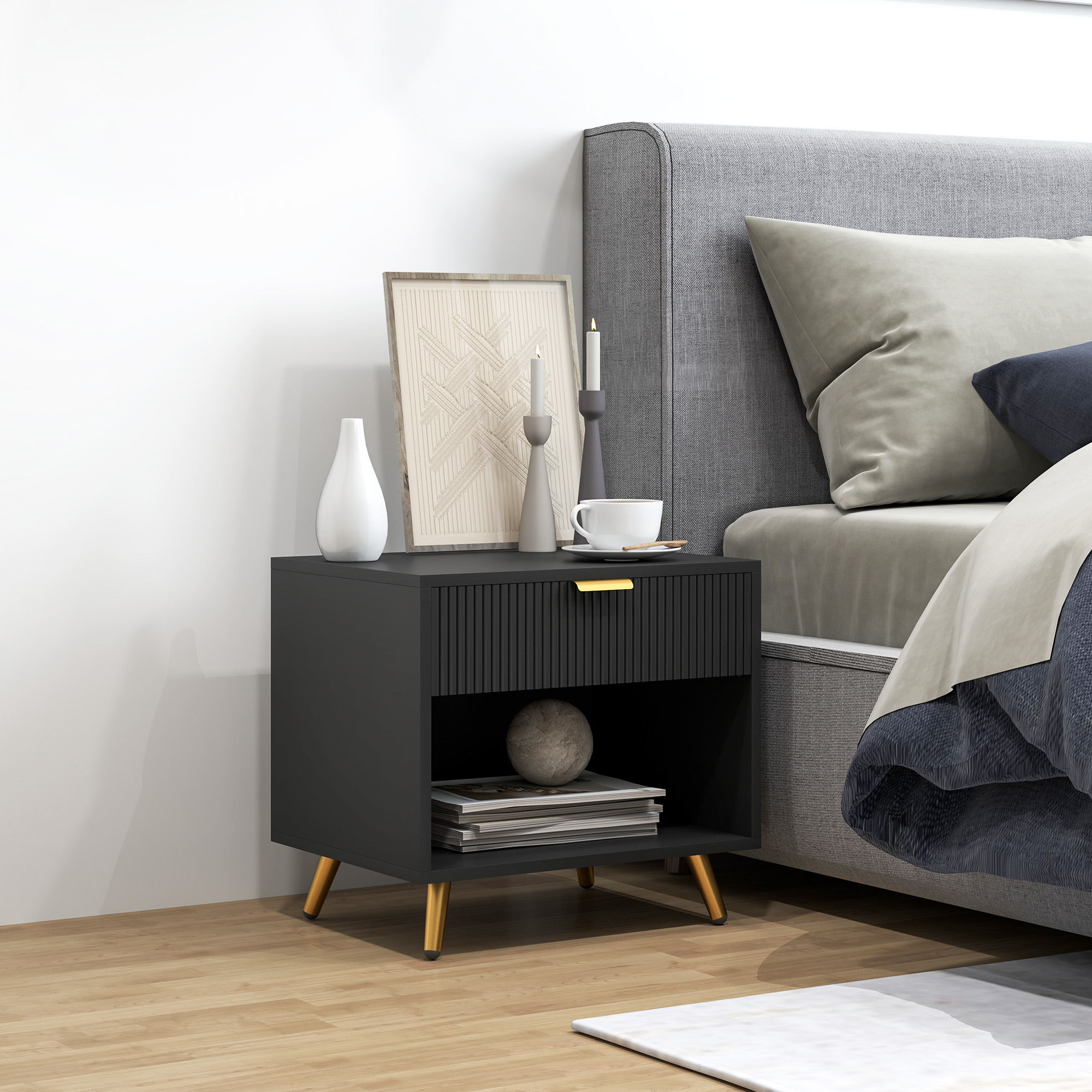 HOMCOM Elegant Bedside Table, with Drawer and Shelf Black/Gold Tone 2