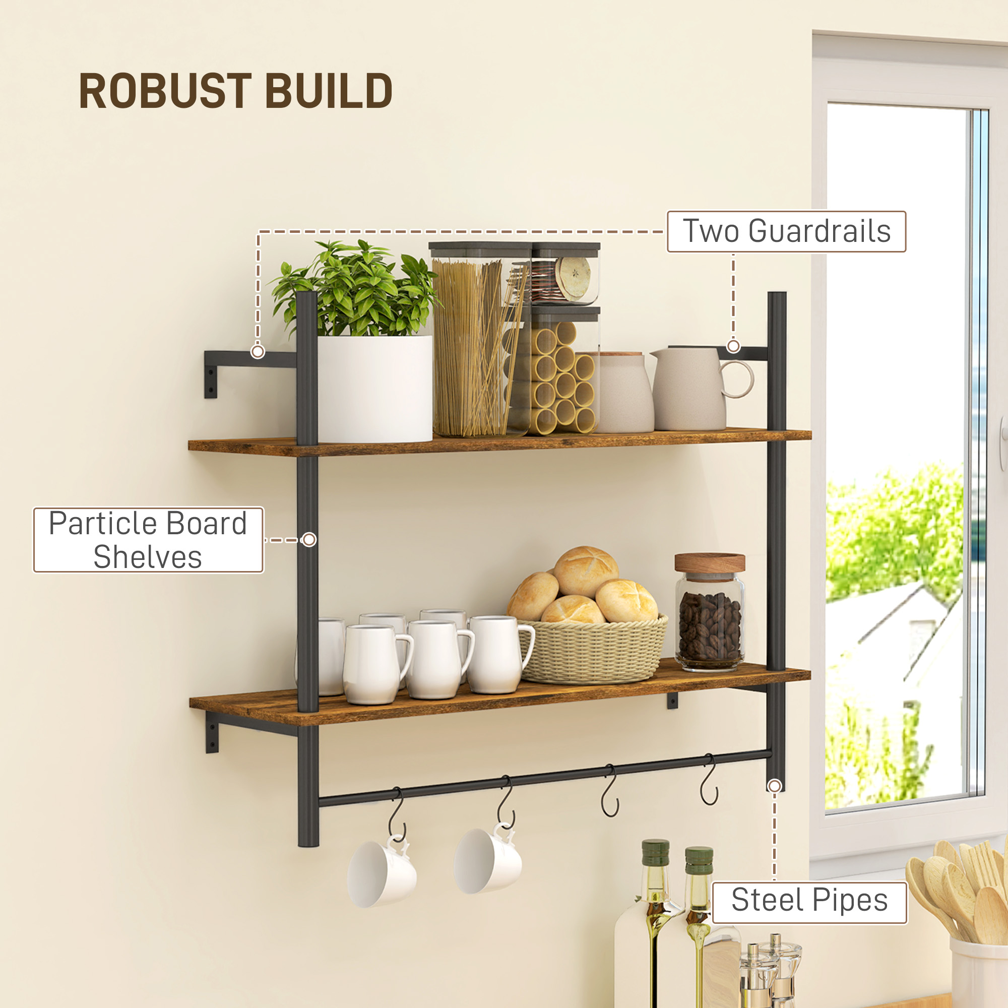 HOMCOM Wall Mounted Floating Shelves with 4 Hooks, Rustic Wall Shelf Unit for Living Room, Entryway, Rustic Brown 5
