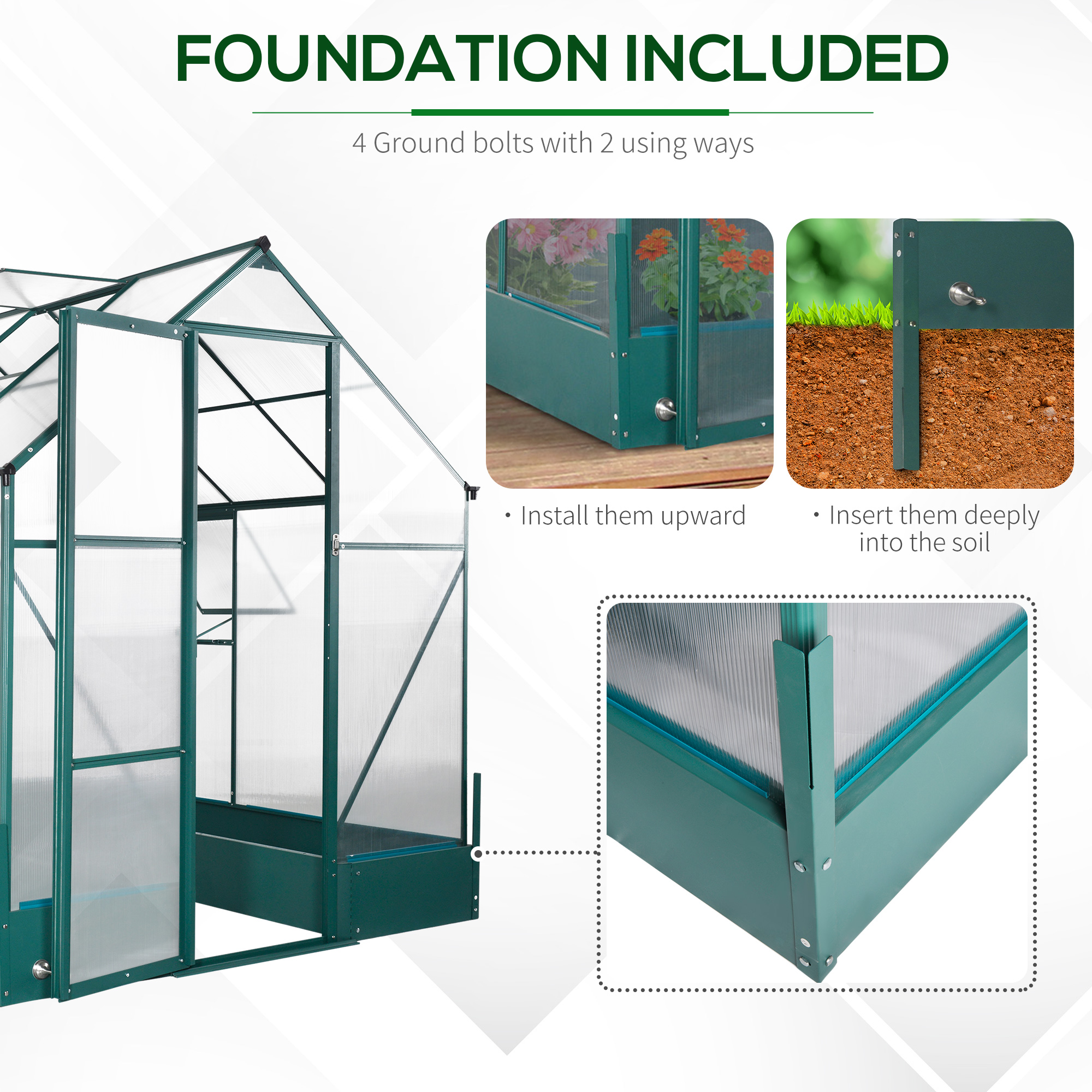 Outsunny 6x8 FT Polycarbonate Greenhouse with Base and Raised Bed, Walk-in Greenhouse with Aluminium Frame, Temperature Controlled Window, Foundation for Plants, Flowers, Vegetable 7