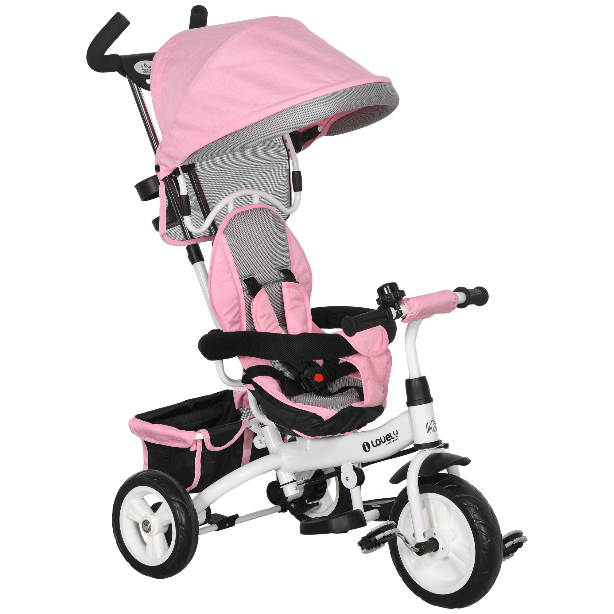 HOMCOM Triciclo Evolutivo para Niños +12 Meses con Toldo Plegable Mango de Empuje Telescópico y Cinturón de Seguridad Rosa | Aosom España