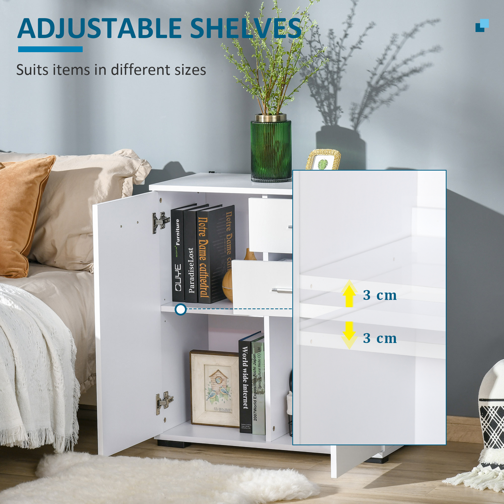 HOMCOM Sideboard, Modern Storage Cabinet with 2 Drawers, 2 Doors and Adjustable Shelf, Kitchen Cabinet for Living Room, Dining Room, High Gloss White 6