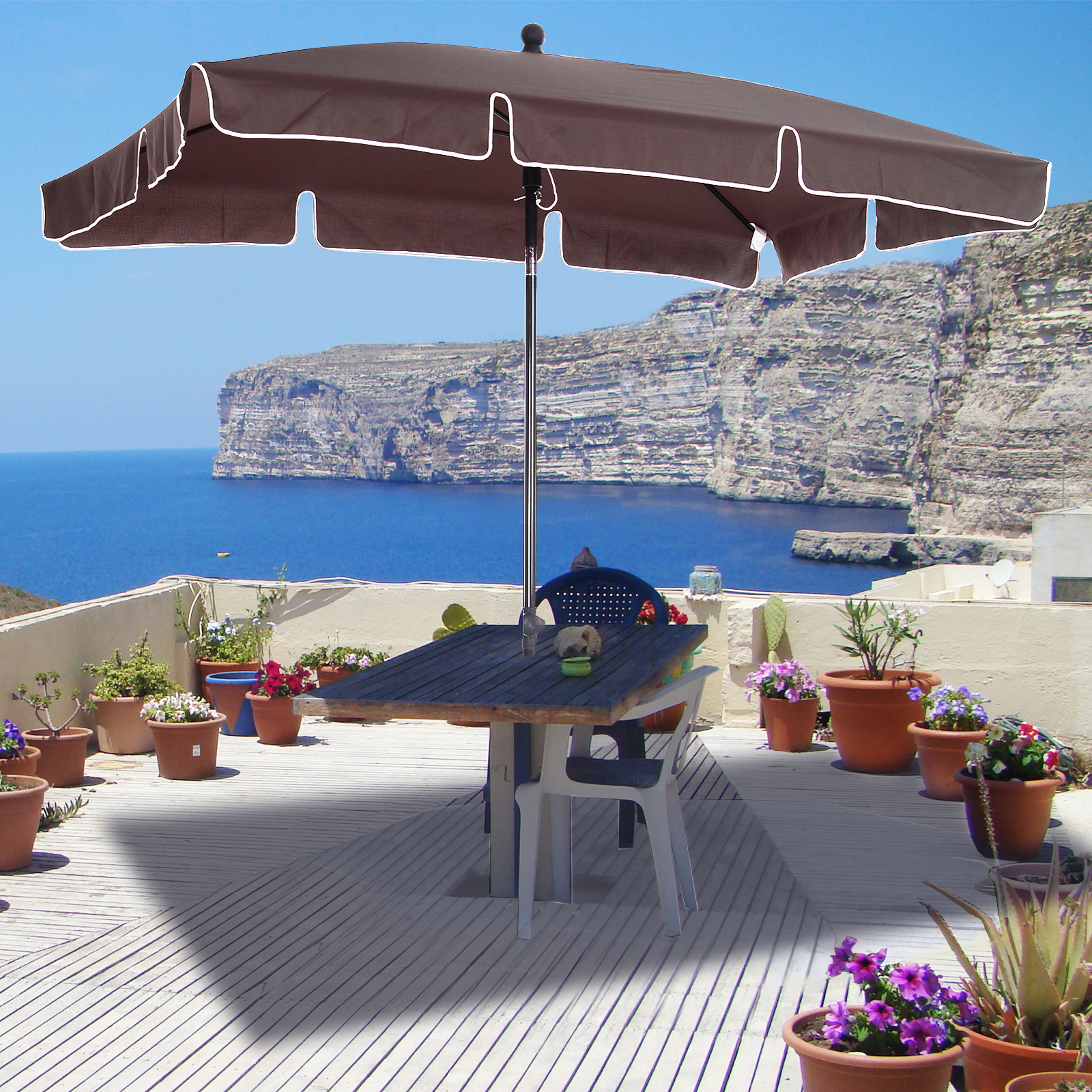 Outsunny Garden Parasol Umbrella, Outdoor Market Table Umbrella with Ruffles & Aluminium Pole, Rectangular Tilting Parasol Sun Shade Canopy, 2 x 1.3m, Brown 8