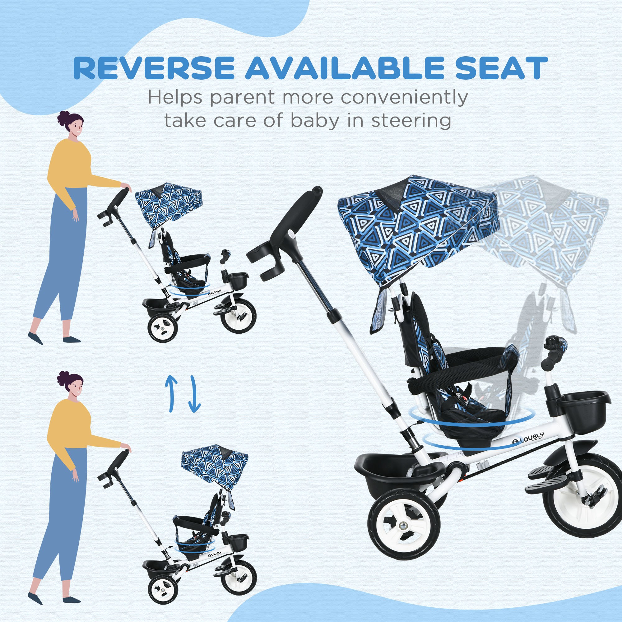 HOMCOM Metal Frame 6 in 1 Baby Push Tricycle with Parent Handle for 1-5 Years Old, Light Blue 6