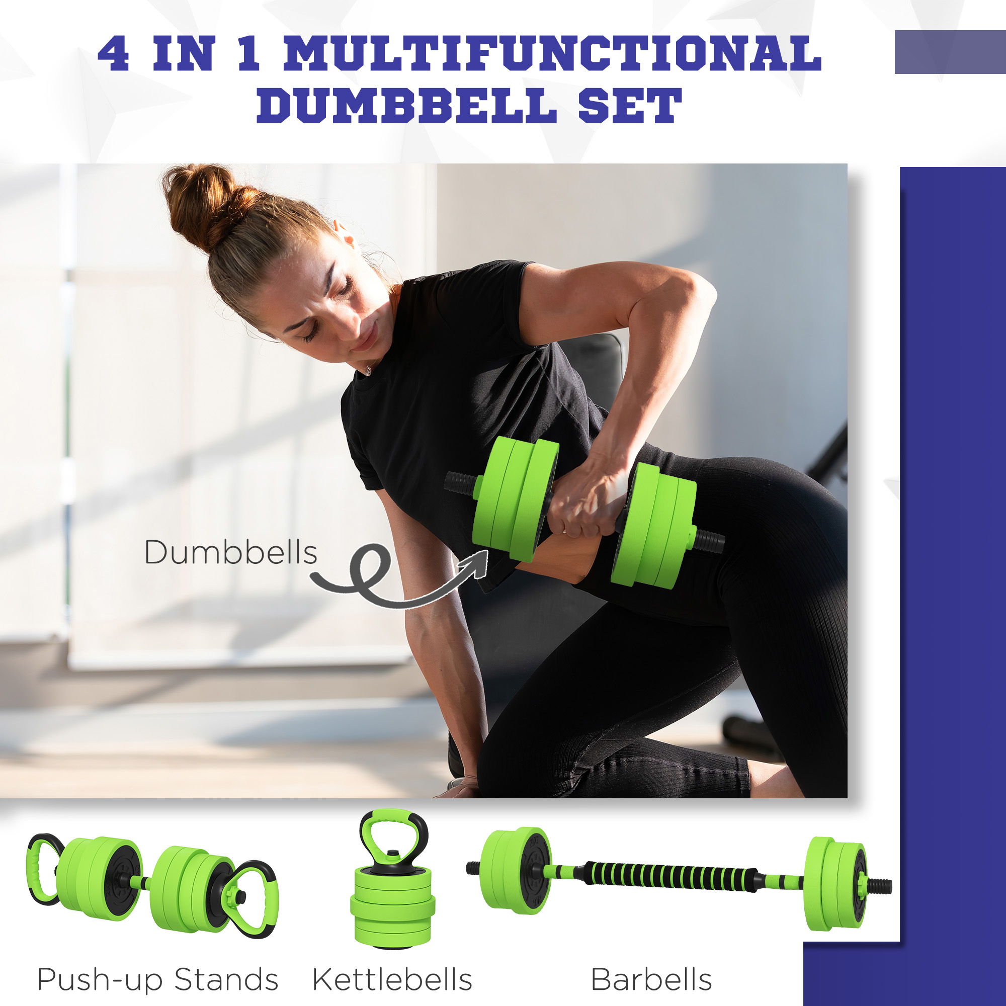SPORTNOW 40kg Four-In-One Adjustable Weight Dumbbells Set, Barbell, Kettlebell, Push Up Stand Green 4