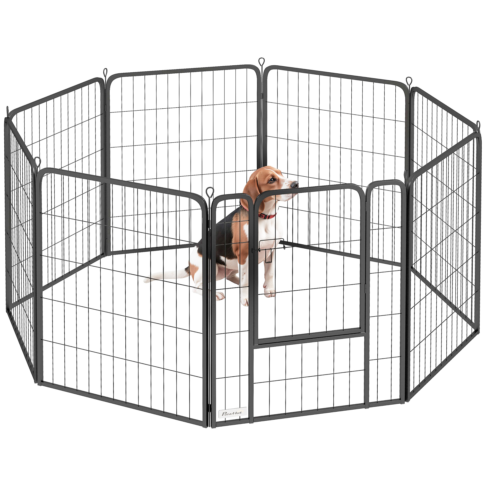 PawHut Eight-Panel Dog Playpen with Door, for Large Dogs, Indoors, Outdoors, 60cm Tall, Black