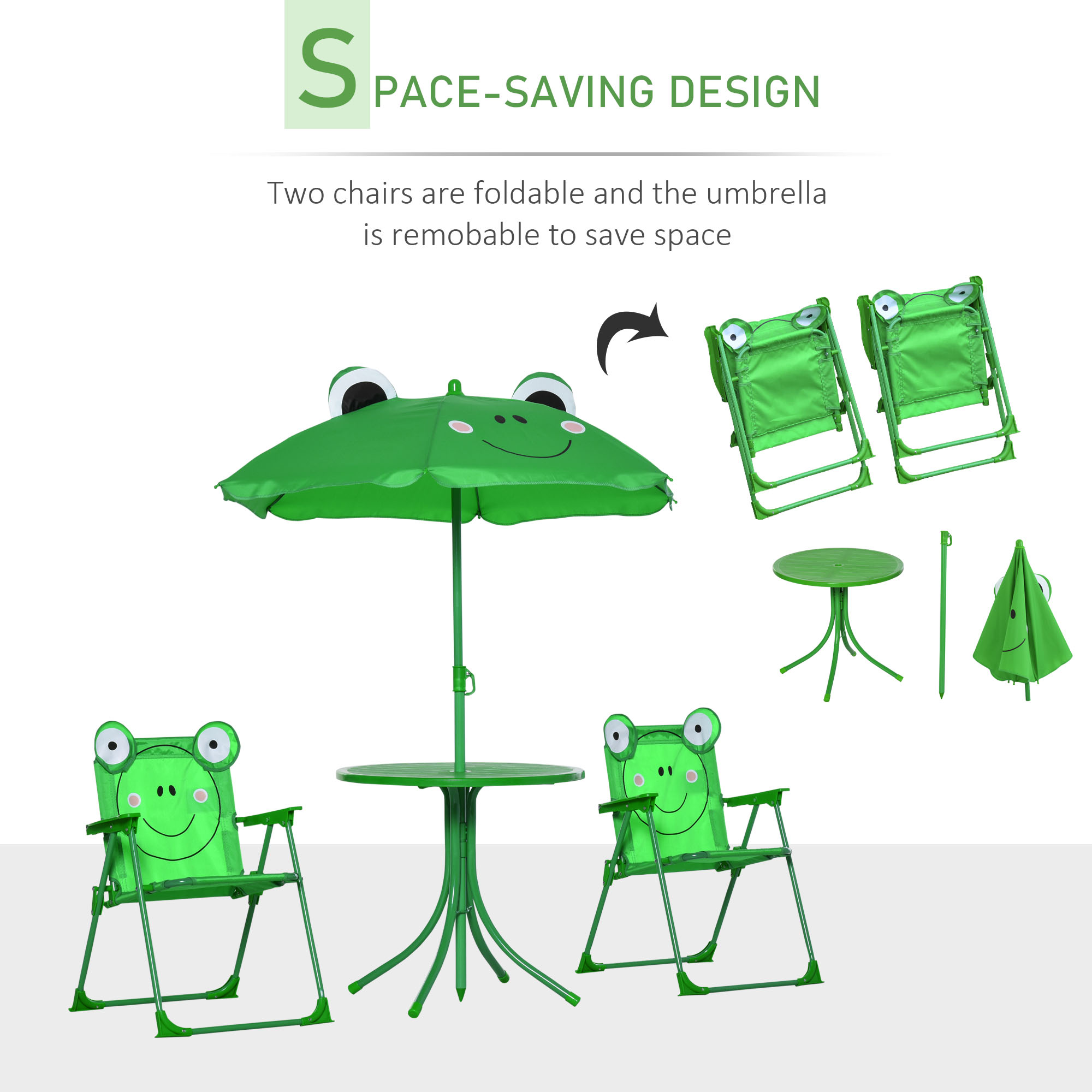 Outsunny Kids Folding Picnic Table Chair Set w/ Parasol, Green 4