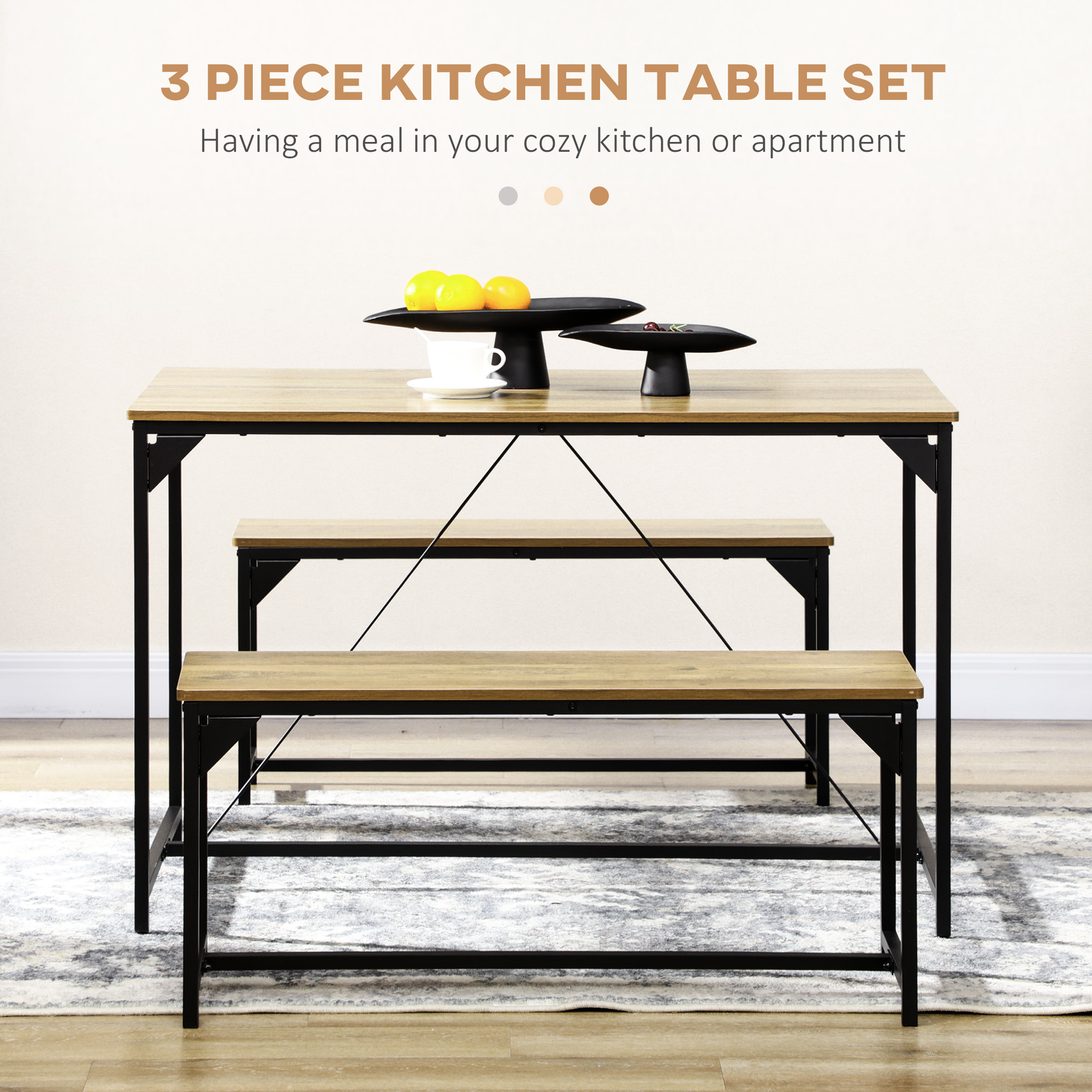 HOMCOM Dining Table and Bench Set for 4, Kitchen Table with 2 Benches, Space Saving Dining Room Sets, Natural 4
