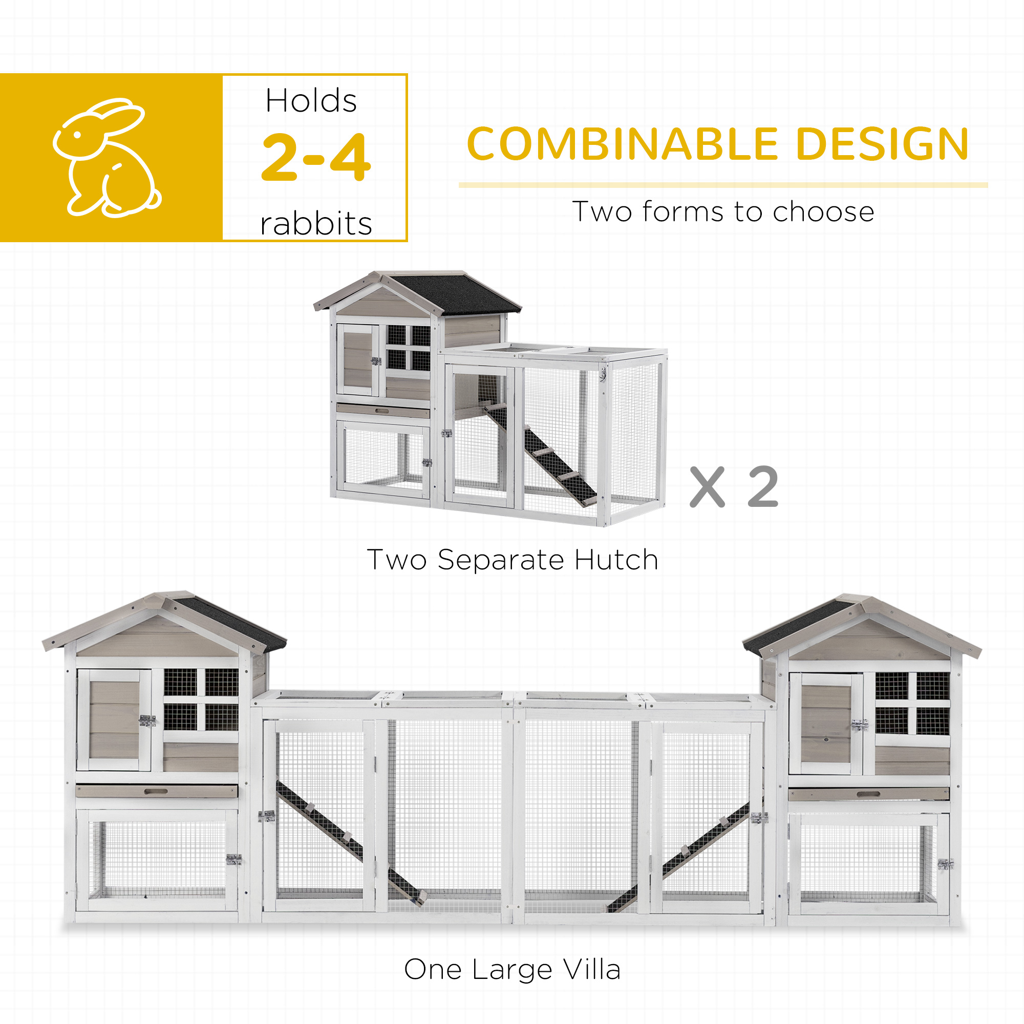 PawHut 2 in 1 Rabbit Hutch Outdoor Guinea Pig Hutch Bunny Run Double Main House with Run, No-Leak Tray 259 x 64 x 92cm, Grey 5