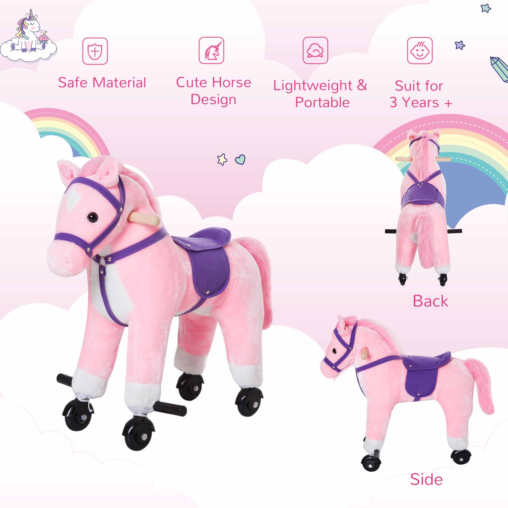 HOMCOM Rocking Horse Kids Ride on Walking Horse Animal Pony Wheeled Riding Plush Toy w/Sound for 2 Years and Up (Pink) 4