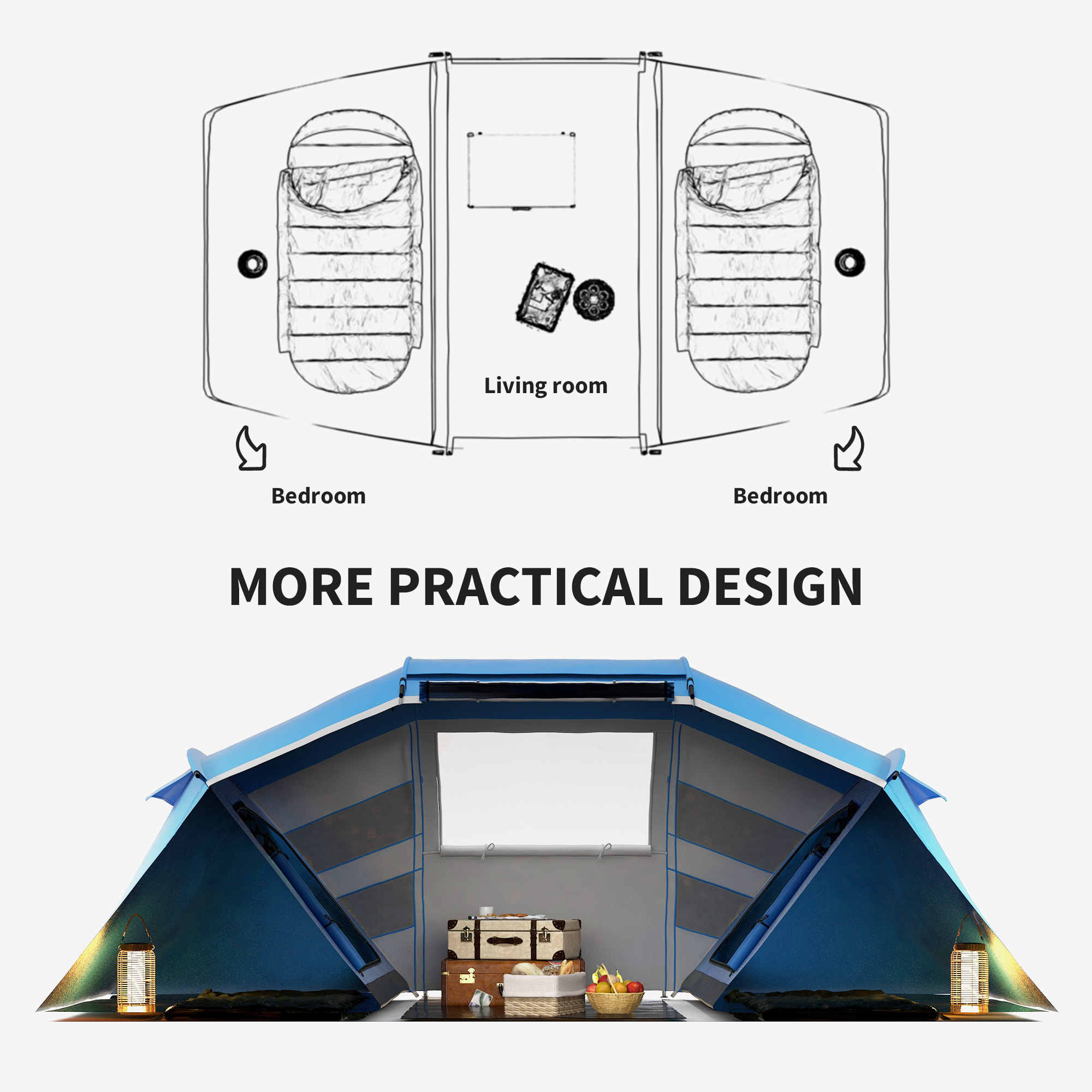 Outsunny 4-6 Man Camping Tent w/ Two Bedroom, Hiking Sun Shelter, UV Protection Tunnel Tent, Blue and White 4