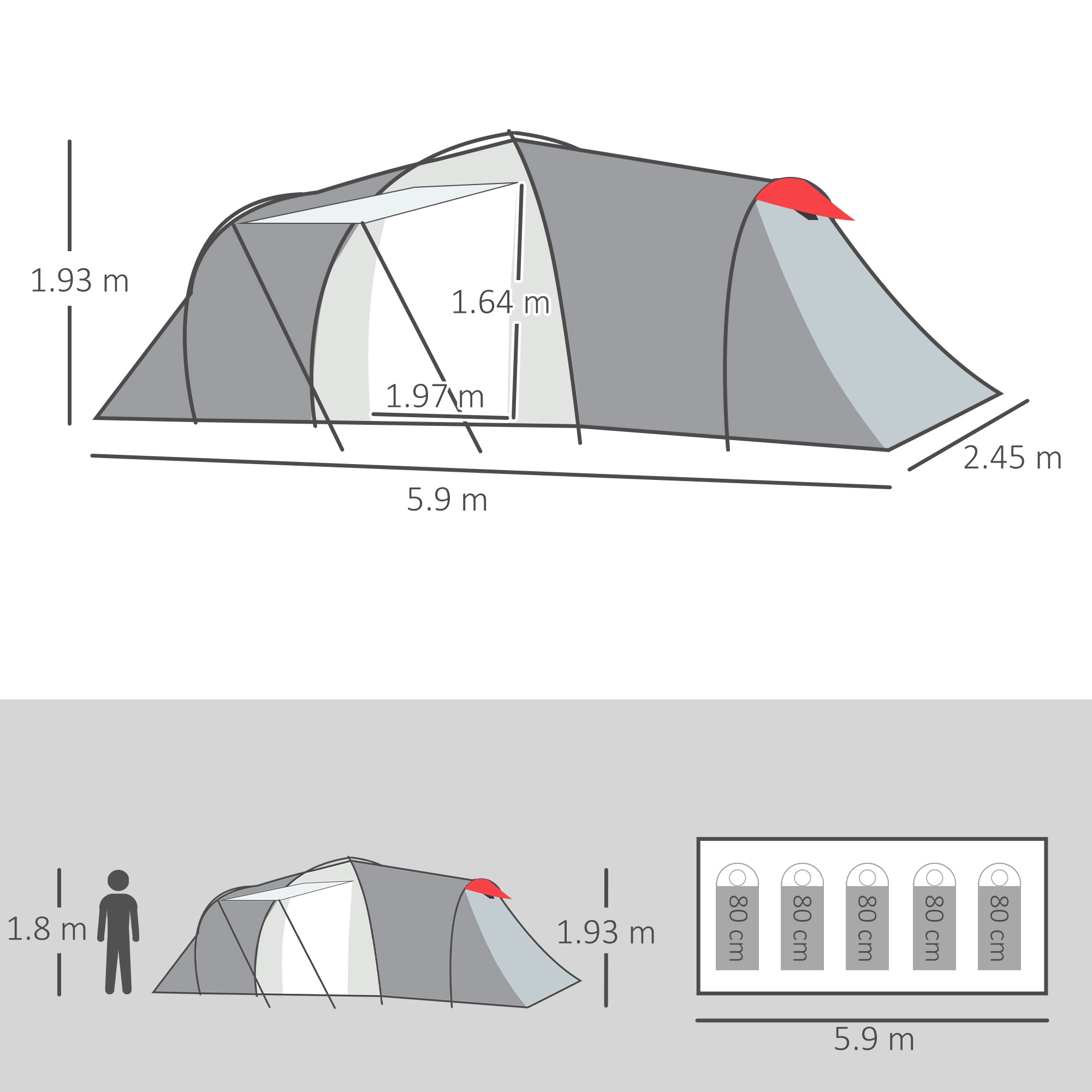 Outsunny Four-Man Tunnel Tent, with Two Bedrooms and Living Room Grey/Red 3