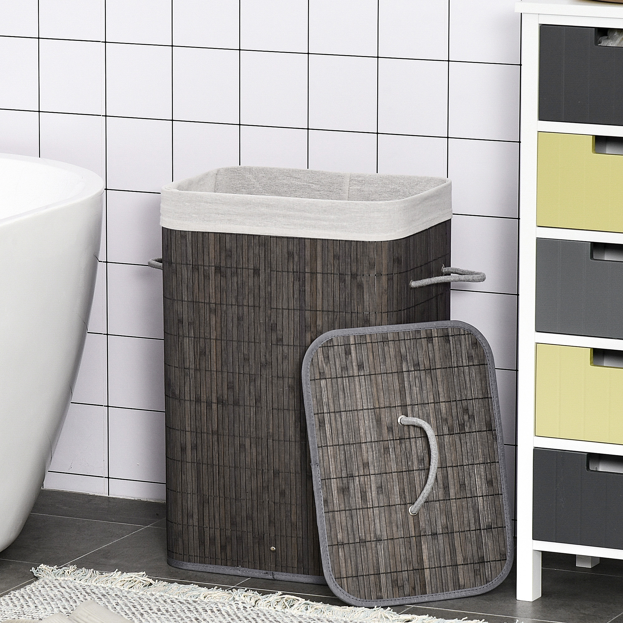 HOMCOM Laundry Basket with Flip Lid and String Handles, Collapsible Hamper Removable Lining Board Base Foldable Water-Resistant Dirty Clothes Storage, Grey 2