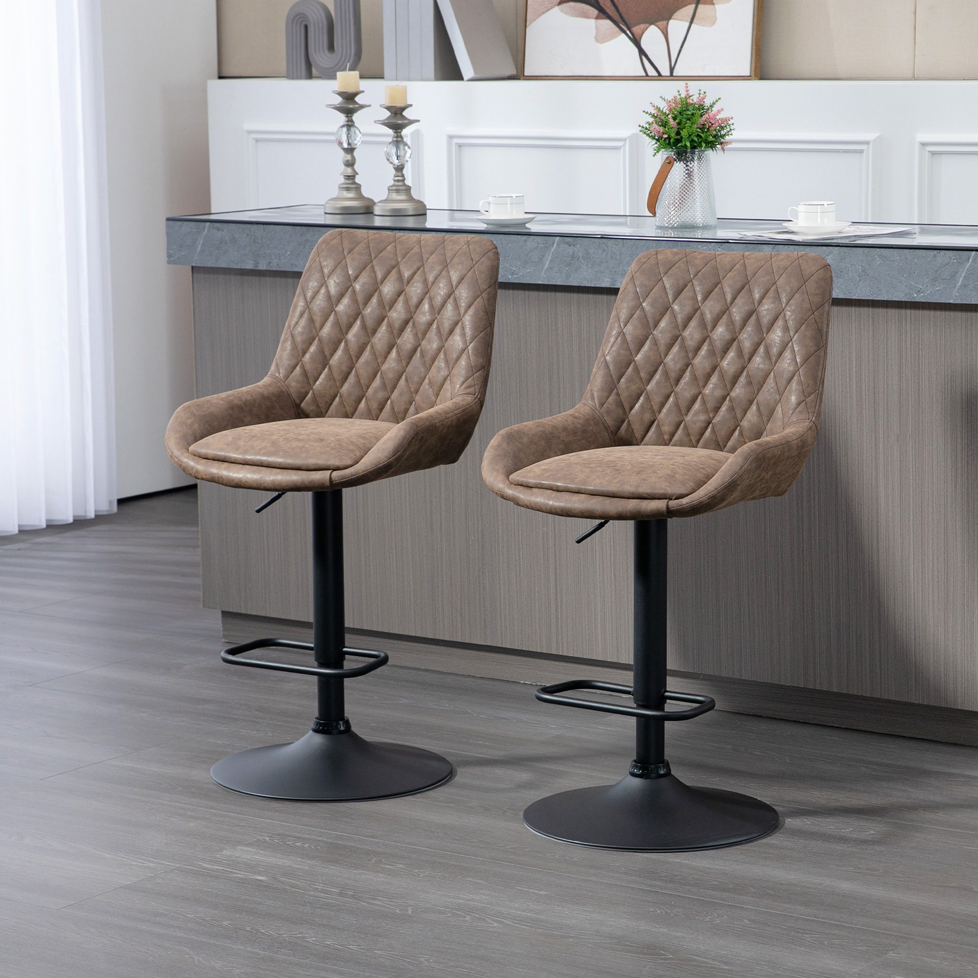 HOMCOM Adjustable Faux Leather Retro Bar Stools For Home Use, Brown 2