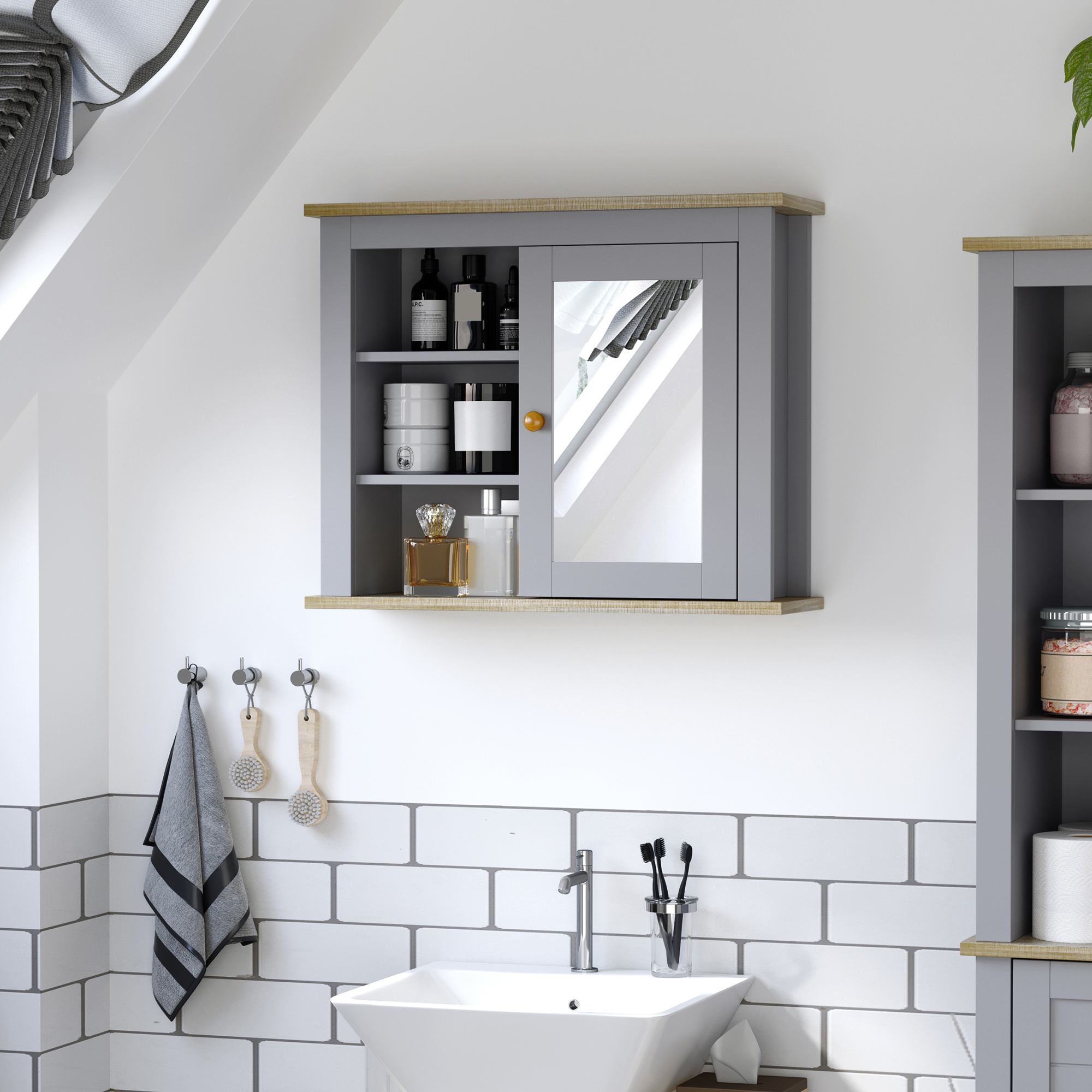 kleankin Bathroom Wall Mirror Cabinet, Cupboard with Door, Storage Cabinet with Adjustable Shelf for Corridors Living Rooms, Grey 2