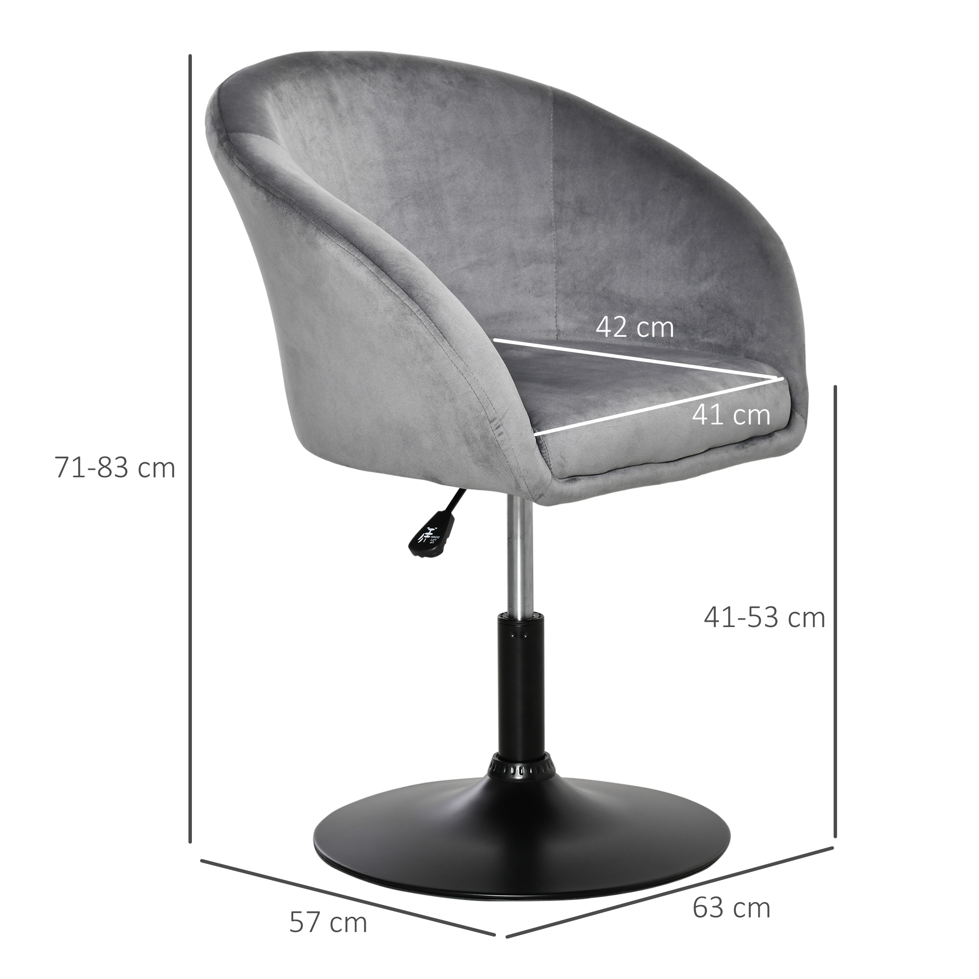 HOMCOM Dressing Table Chair, 360° Swivel Velvet-feel Upholstered Vanity Chair with Tub Seat, Back, Adjustable Height for Bedroom Makeup, Grey 3