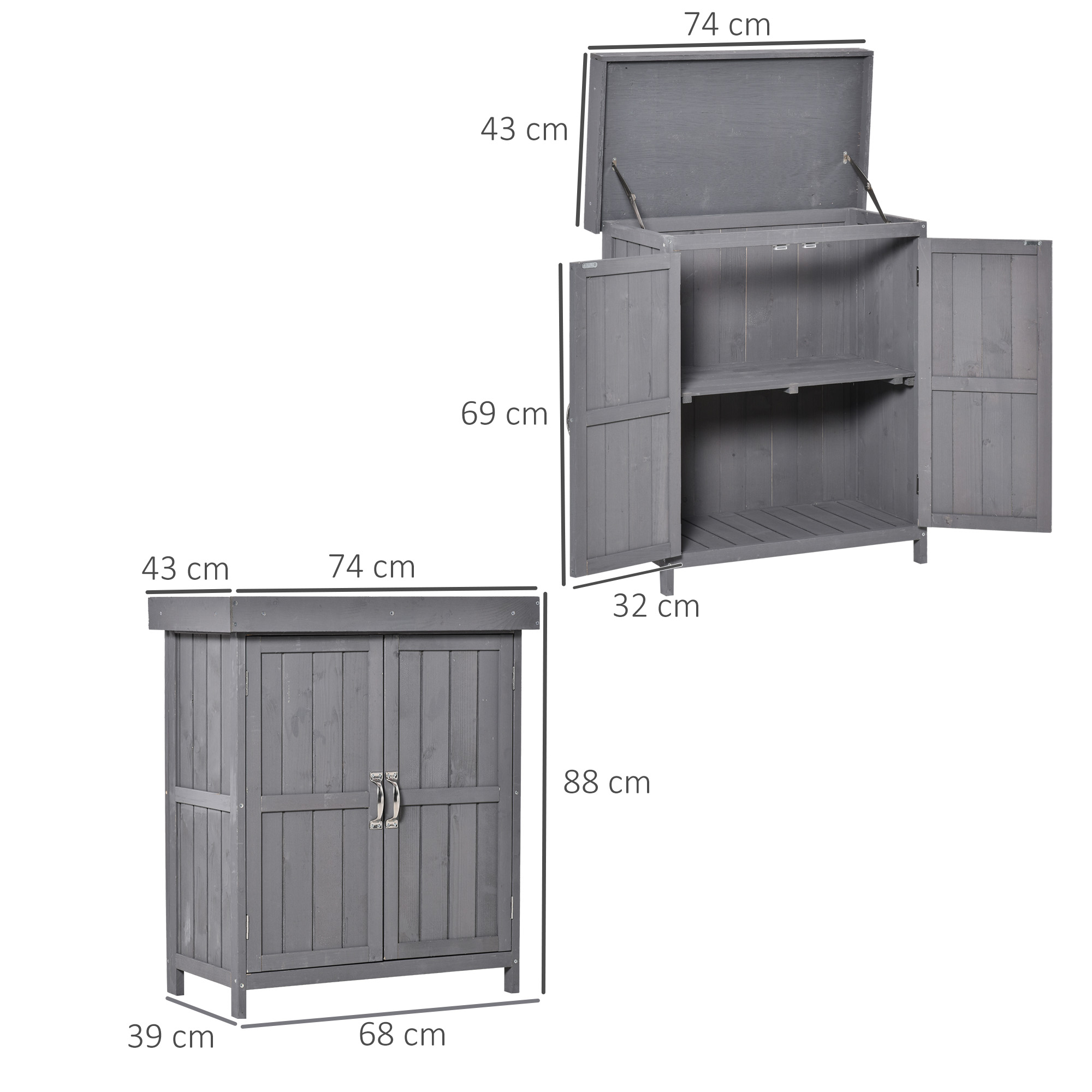 Outsunny Small Shed, Wooden Garden Shed with Openable Hinged Roof and Removable Shelf, Outdoor Tool Storage Cabinet Chest with Double Doors, 74 x 43 x 88 cm, Grey 4