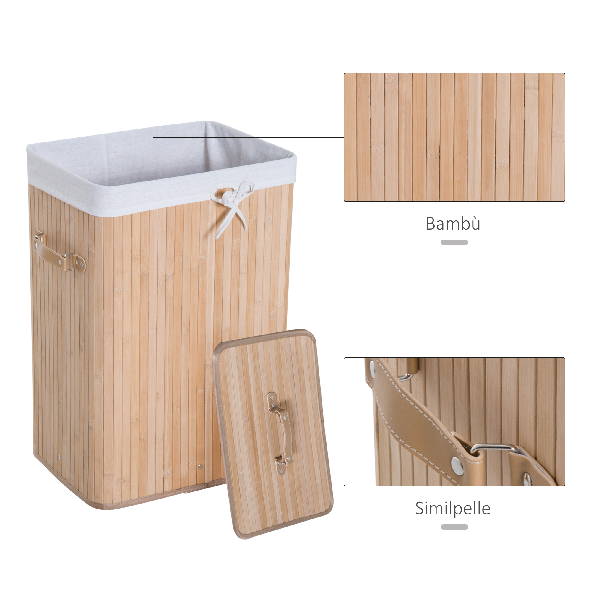 Cesta Portabiancheria HOMCOM 100L in Bambù, 2 Scomparti, Coperchio Pieghevole con Maniglia, Sacco Rimovibile Lavabile, Grigio | Leroy Merlin