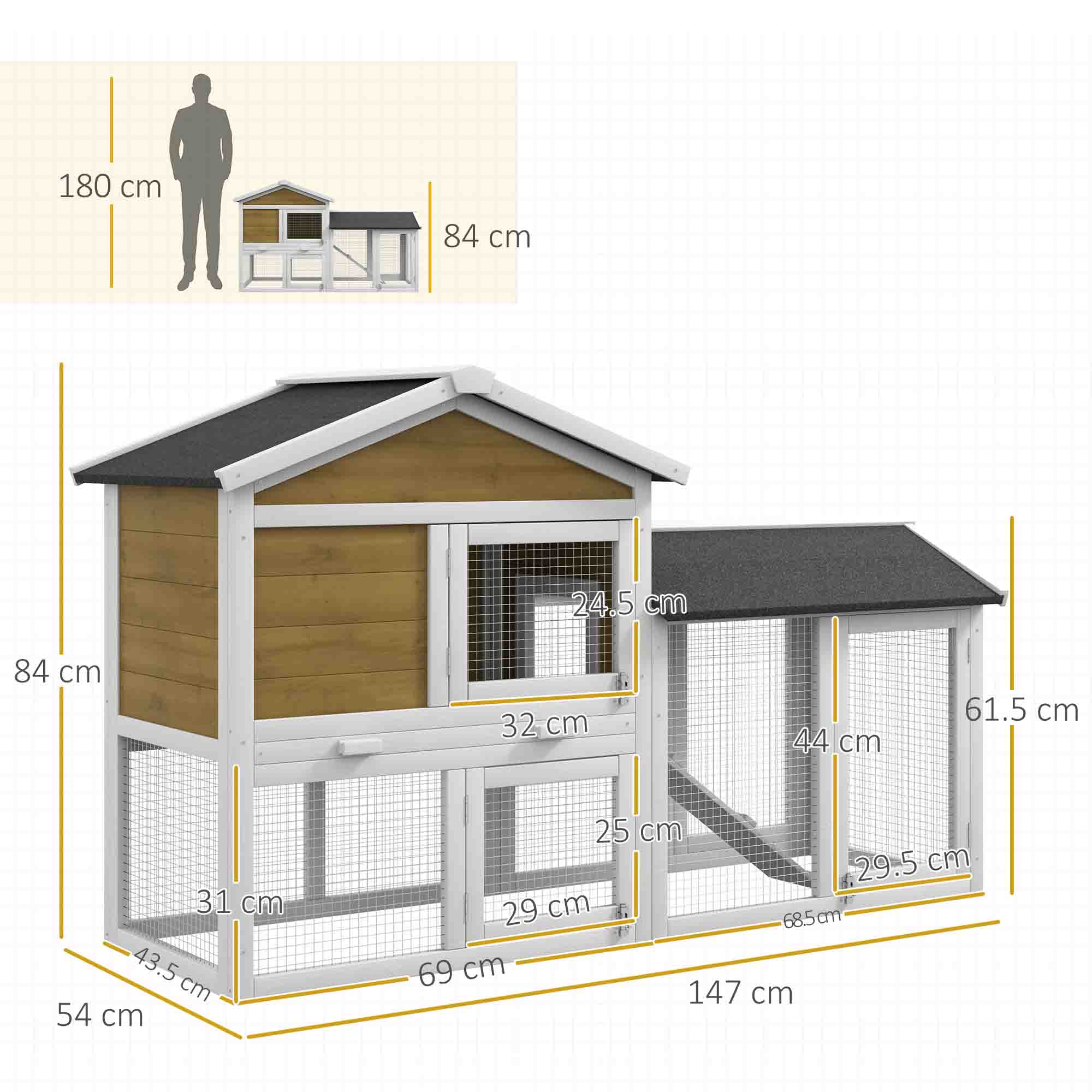 PawHut Wooden Rabbit Hutch Outdoor, Double Tier with Water-Resistant Roof, Ramp 147 x 54 x 84 cm, Yellow 3