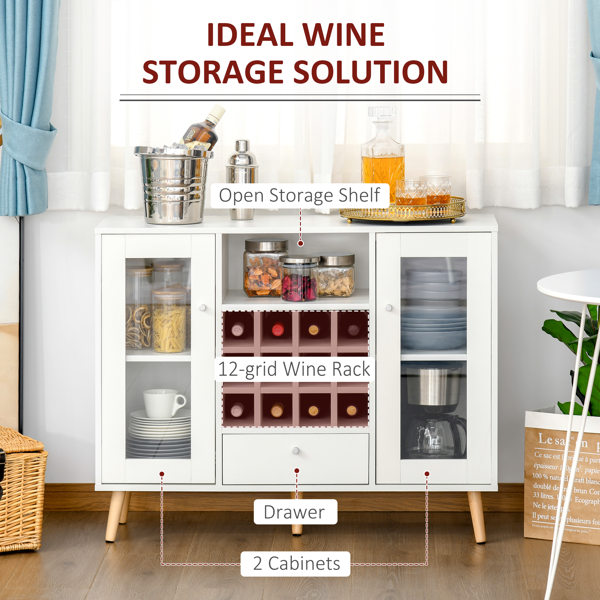 HOMCOM Modern Sideboard Storage Cabinet Kitchen Cupboard Dining Bar Server with Glass Doors, Drawer & 12-Bottle Wine Rack for Living Room, White 4