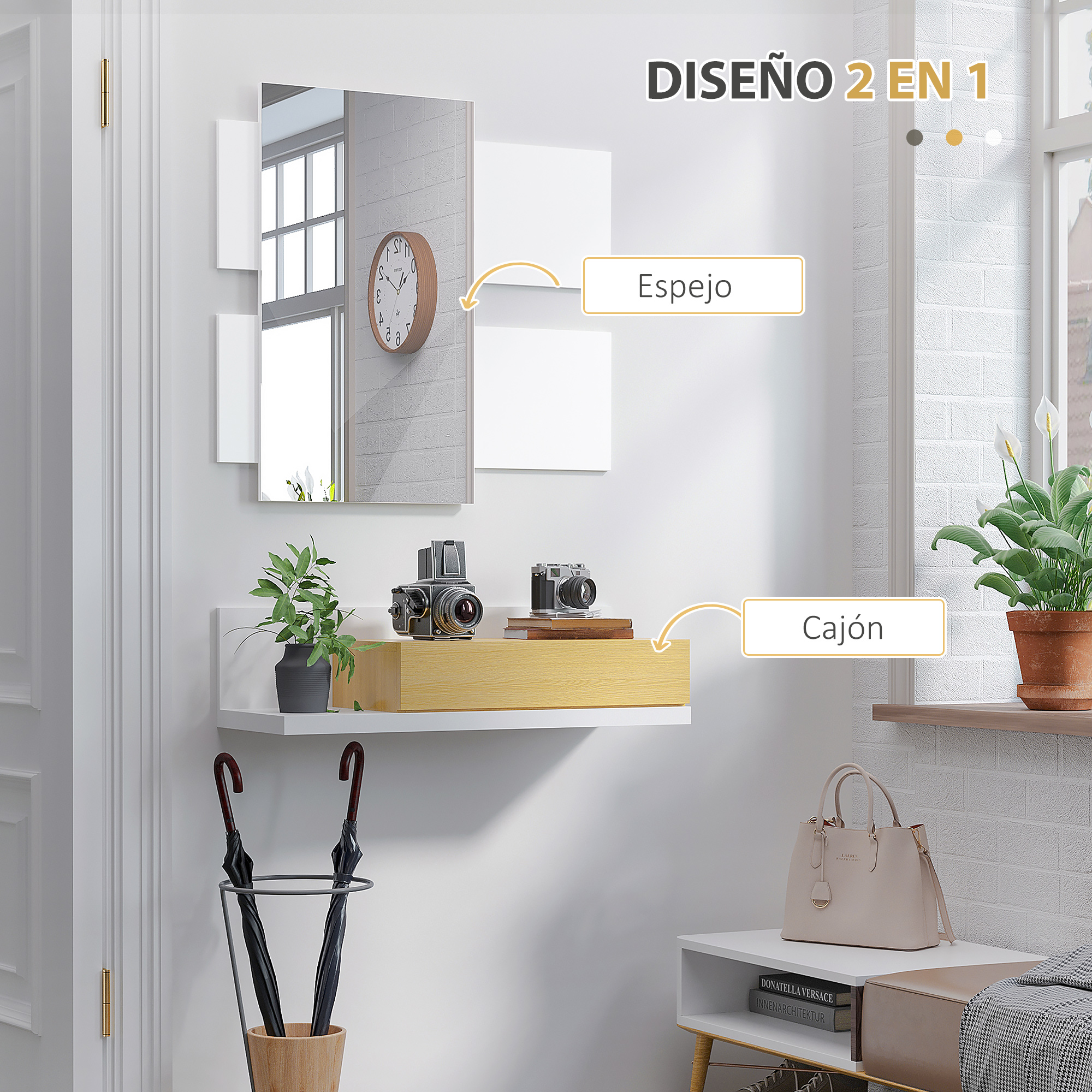 Mueble Recibidor Con Cajón Y Espejo Madera Roble Y Blanco| Deco And Lemon