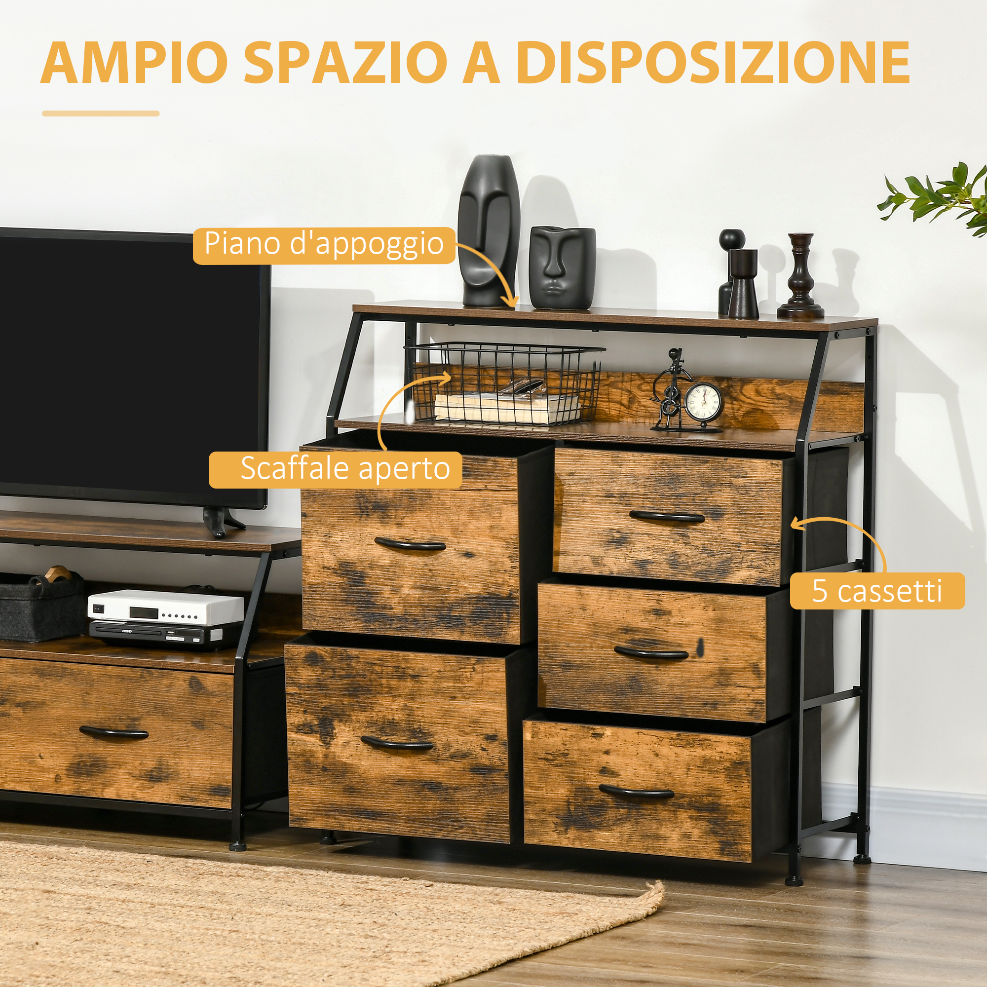 HOMCOM Cassettiera 5 Cassetti in Legno per Camera da Letto Bianco