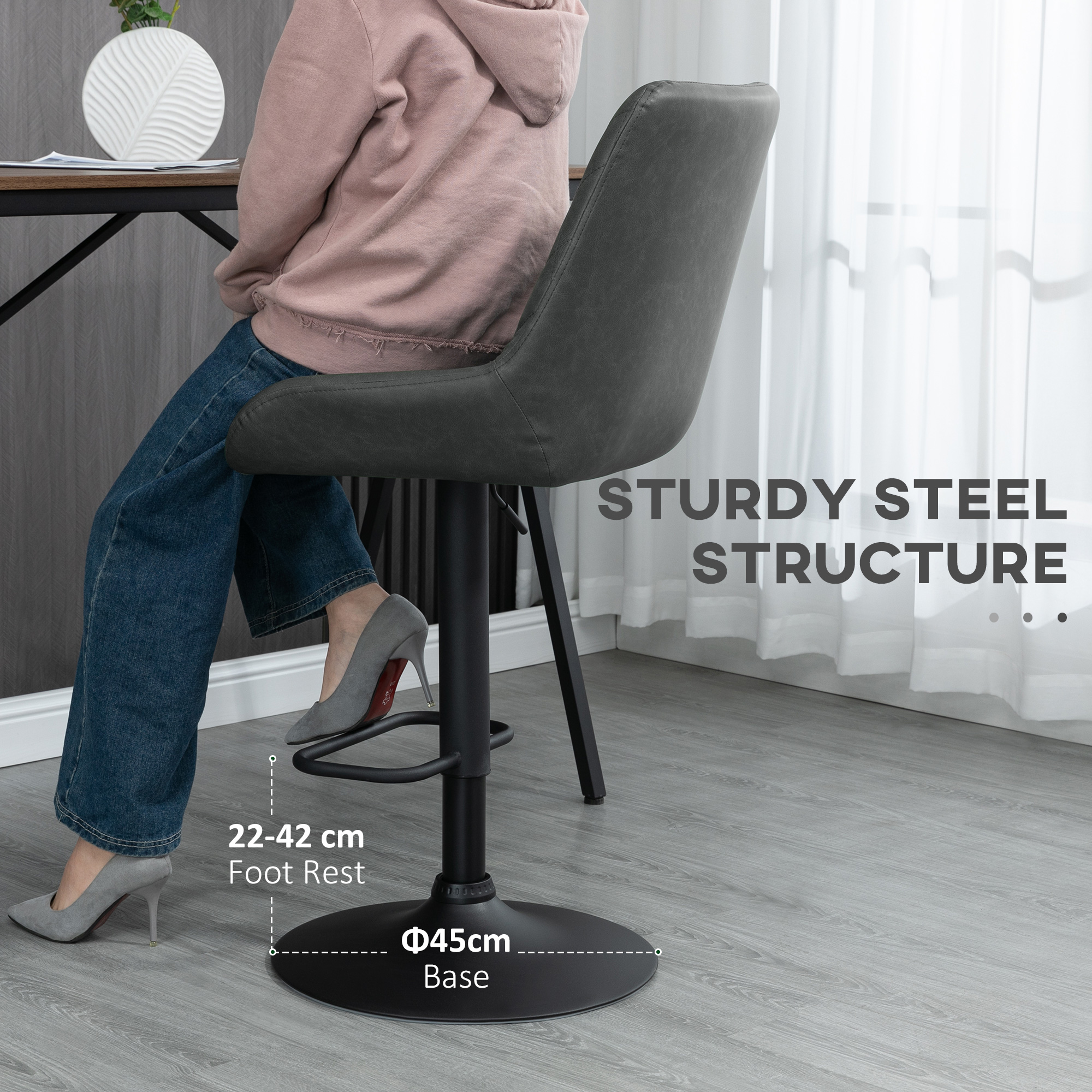 HOMCOM Retro Bar Stools Set of 2, Adjustable Kitchen Stool, Upholstered Bar Chairs with Back, Swivel Seat, Dark Grey 7
