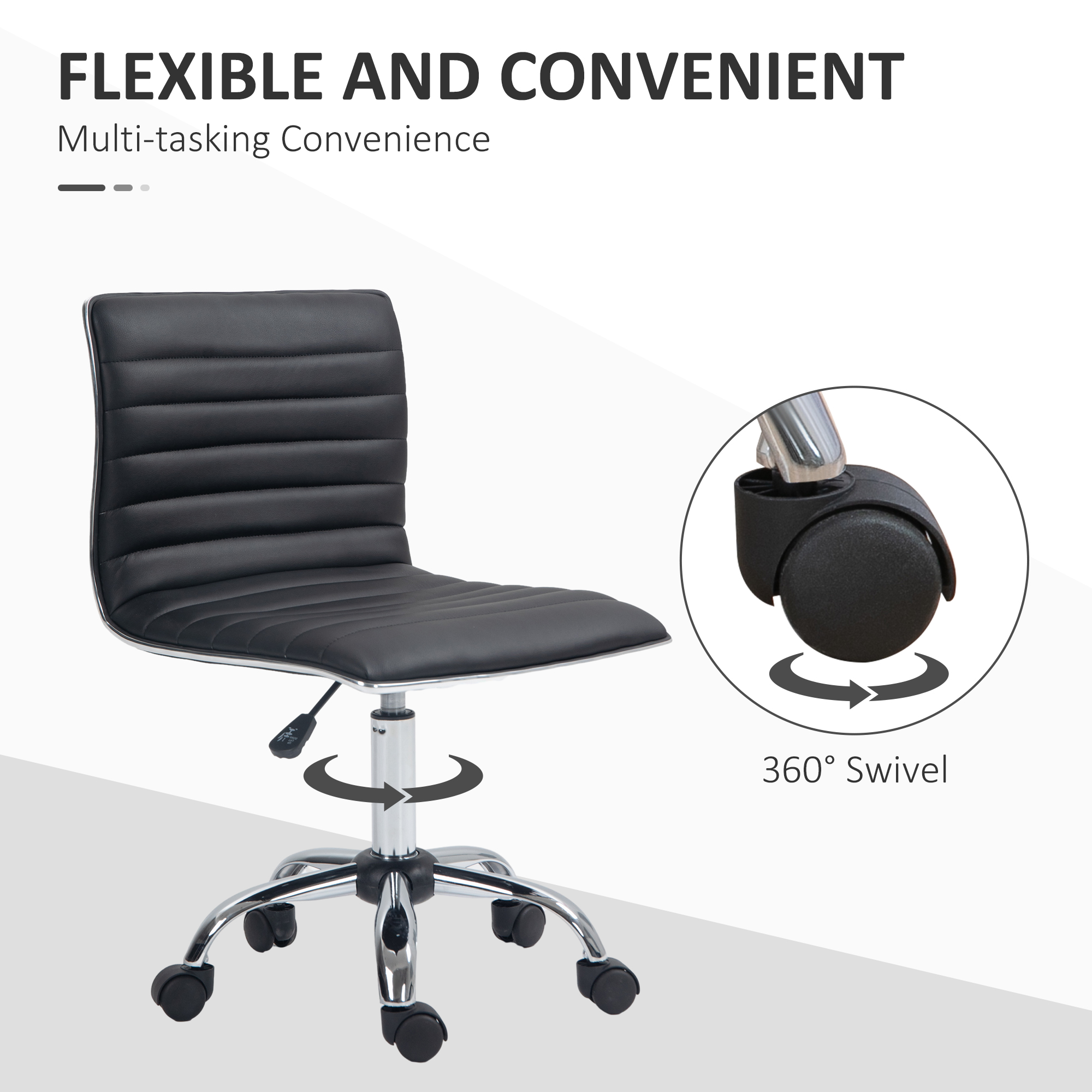 HOMCOM Armless Task Desk Chair, Swivel Office Chair with Faux Leather, Adjustable Seat Height, Chrome Base, Wheels for Home, Black 6