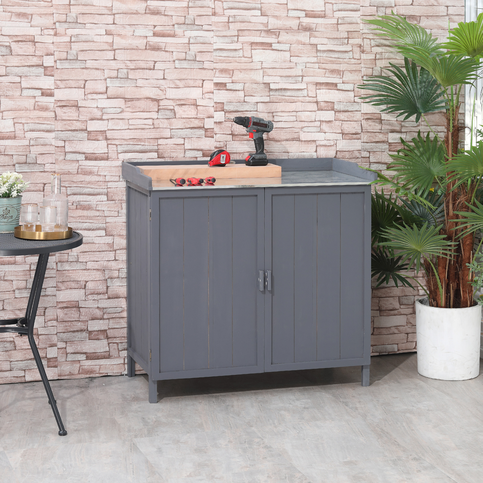 Outsunny Wood Garden Storage Cabinet, Outdoor Tool Shed, Potting Bench Table with Galvanized Top and Two Shelves for Yard Tools or Pool Accessories, Grey 2