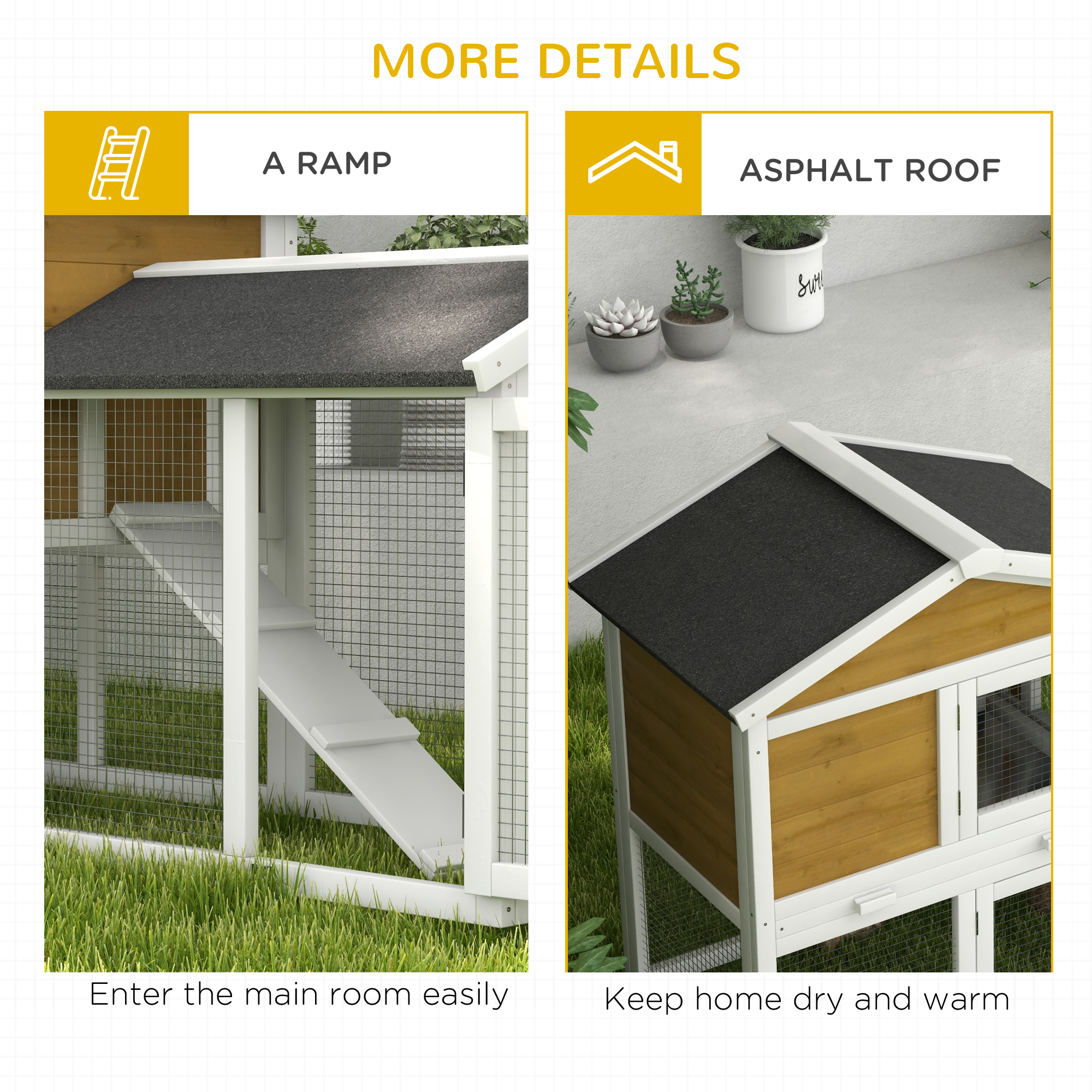 PawHut Wooden Rabbit Hutch Outdoor, Double Tier with Water-Resistant Roof, Ramp 147 x 54 x 84 cm, Yellow 7