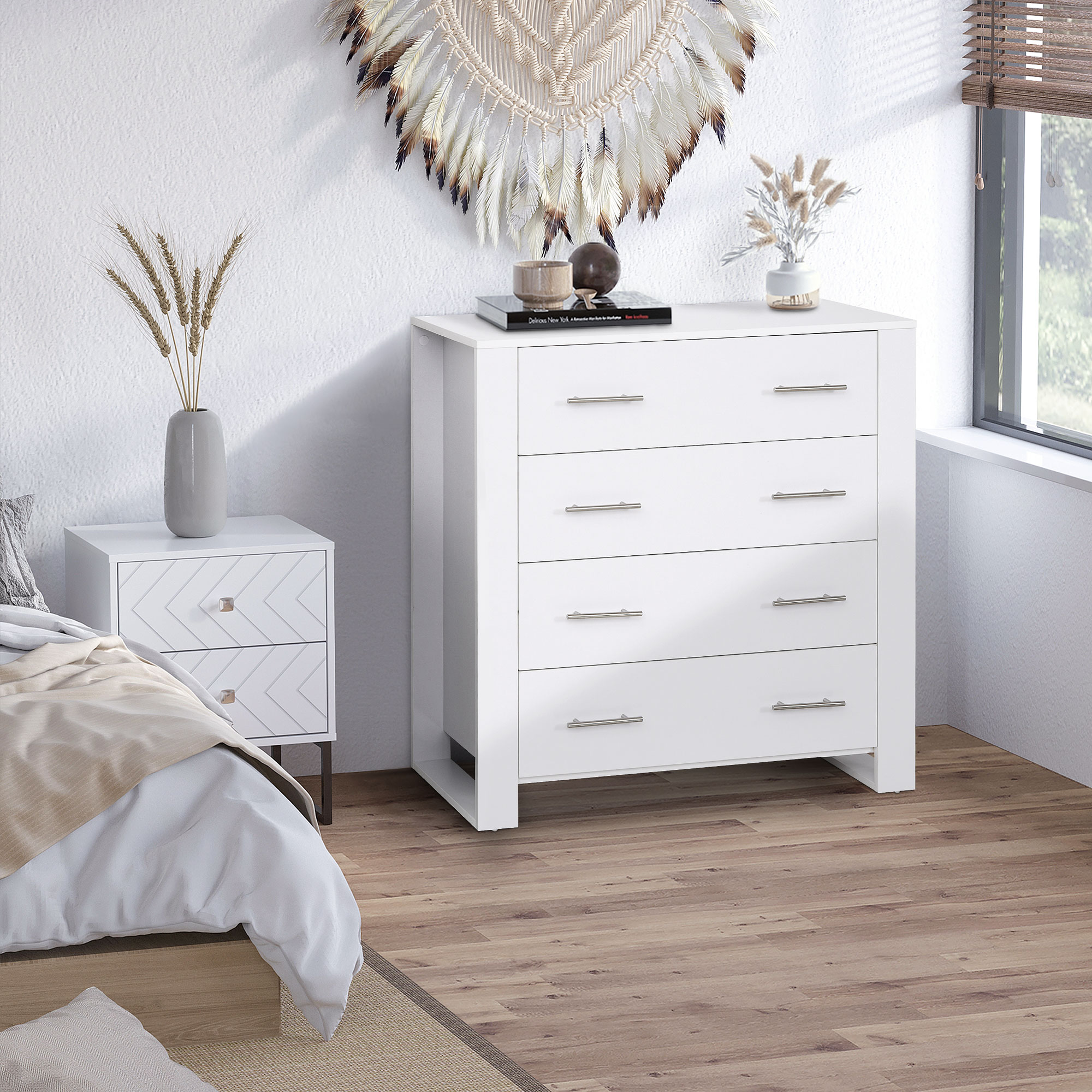 HOMCOM Chest Of 4 Drawers Storage Cabinet Bedroom Clothes w/Metal Handles Base Freestanding Unit Furnishing Living Room White 2