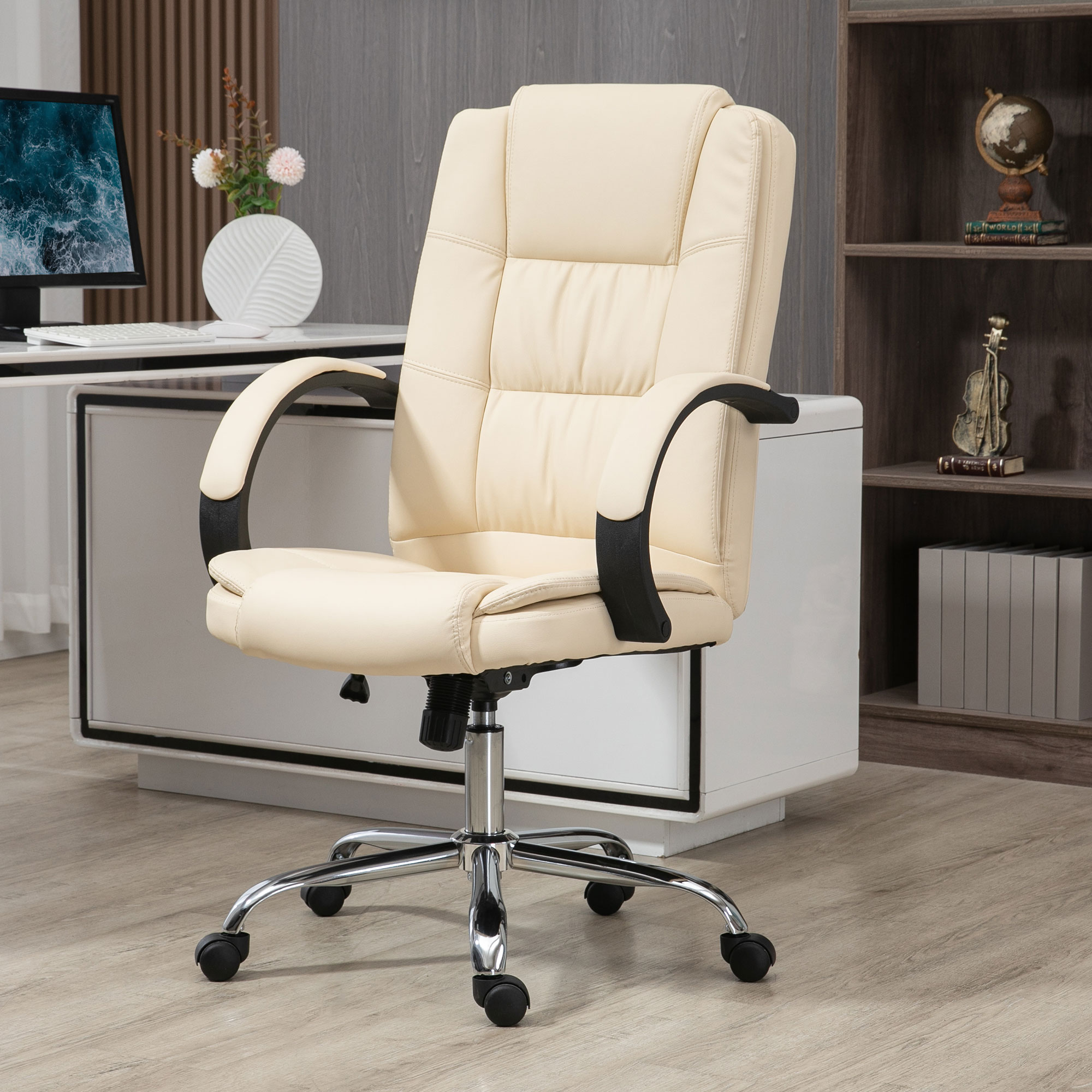 Vinsetto Office Chair, PU Leather Desk Chair with 13cm Soft Padded Seat and Backrest, Swivel Chair with Adjustable Height and Rolling Wheels, Beige 2