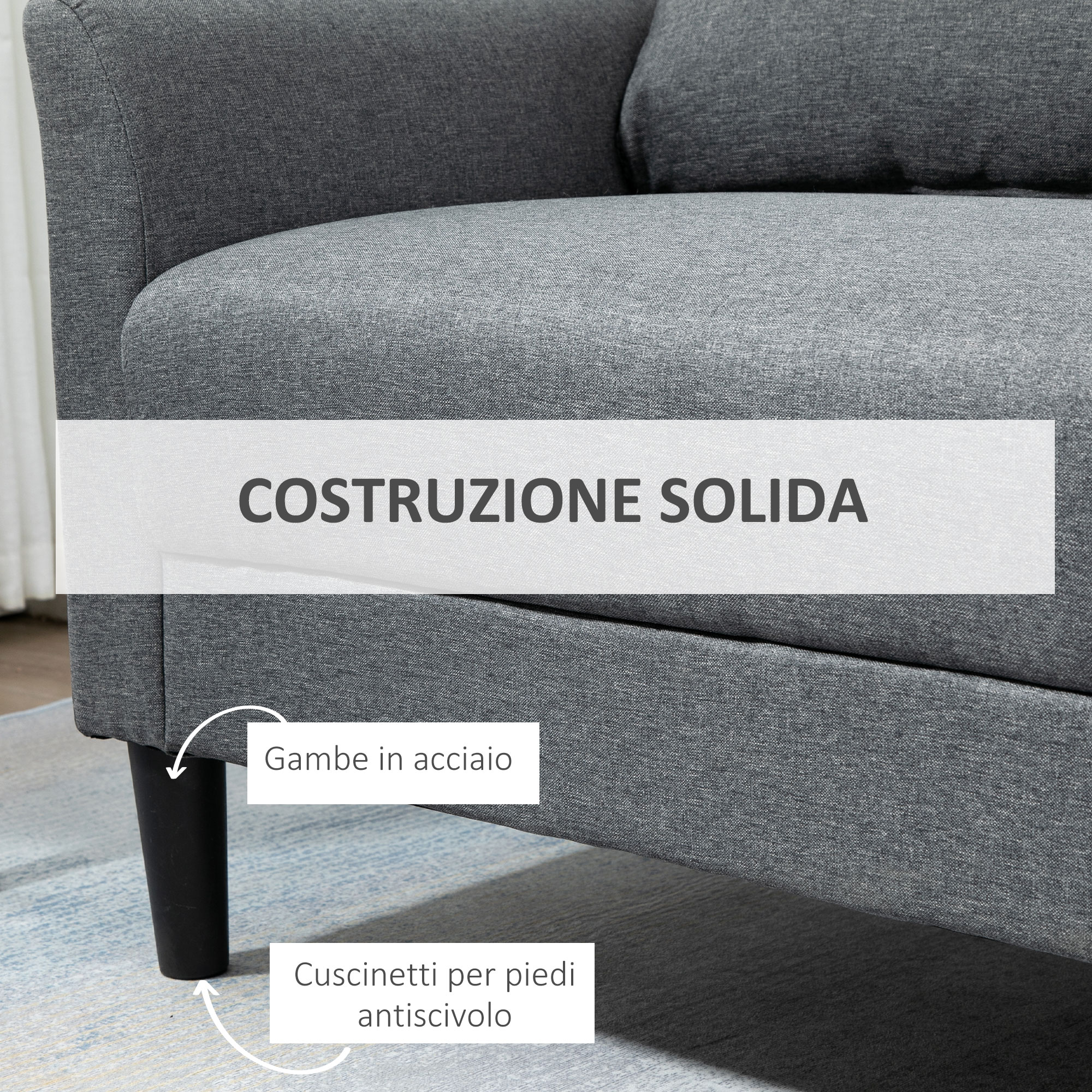 HOMCOM Divano 2 Posti In Stile Contemporaneo, Con 2 Tasche Sui Braccioli, Piedi In Acciaio E Tessuto Effetto Lino Blu~1titcficq1g00